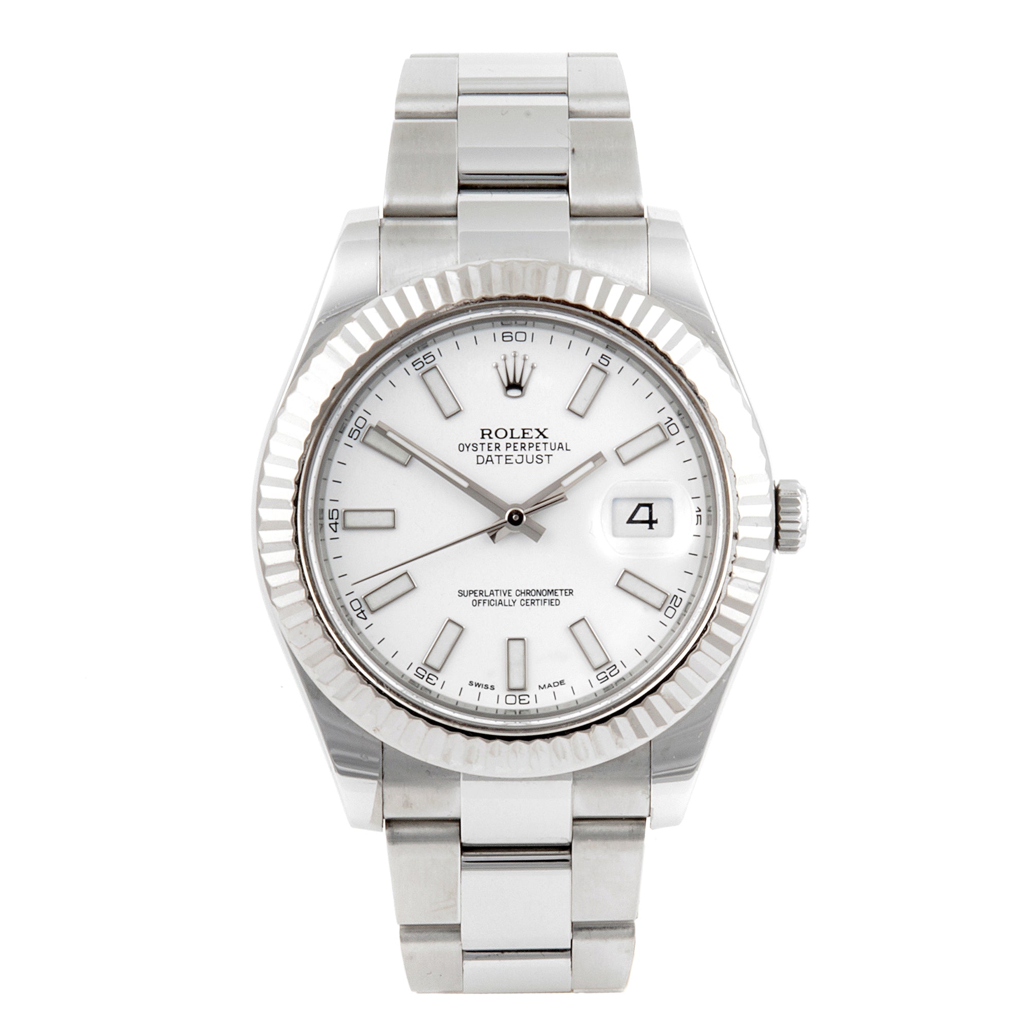 Rolex Datejust 41mm Stainless Steel & White Gold 116334 White Dial | Index hour markers, Fluted bezel
