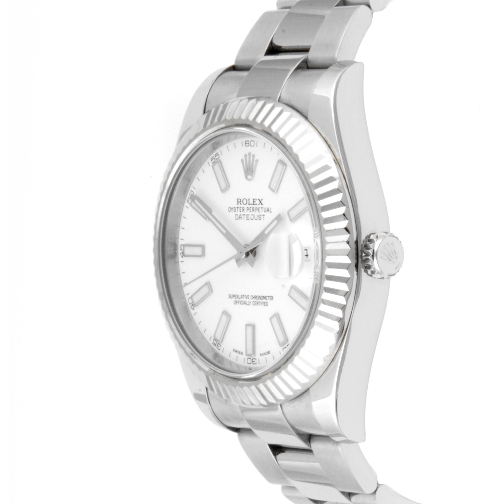 Rolex Datejust 41mm Stainless Steel & White Gold 116334 White Dial | Index hour markers, Fluted bezel