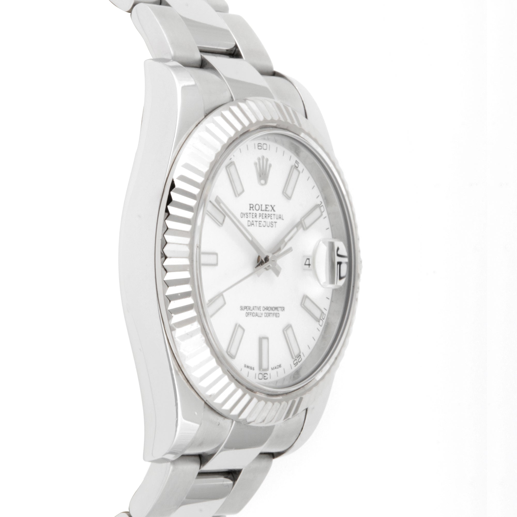 Rolex Datejust 41mm Stainless Steel & White Gold 116334 White Dial | Index hour markers, Fluted bezel