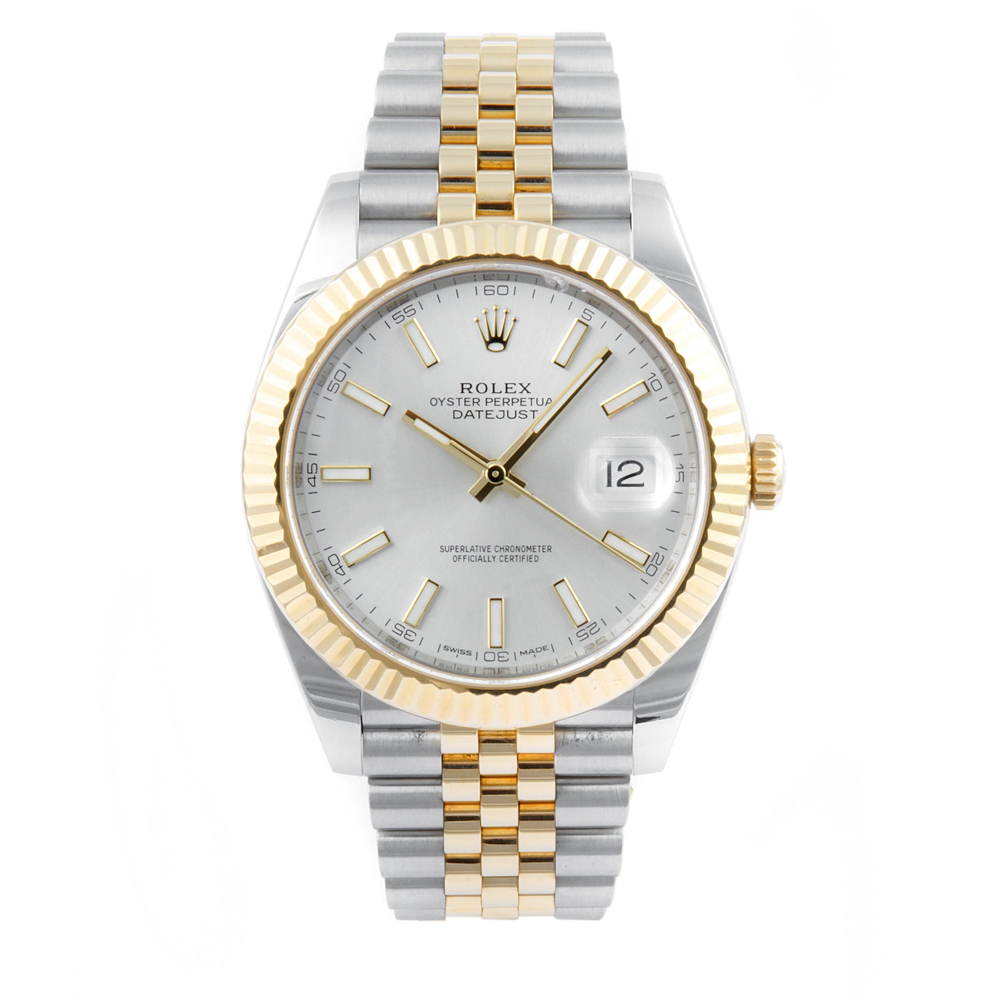 Rolex Datejust  41mm Stainless Steel & Yellow Gold 126333 Silver Dial | Index hour markers, Fluted bezel