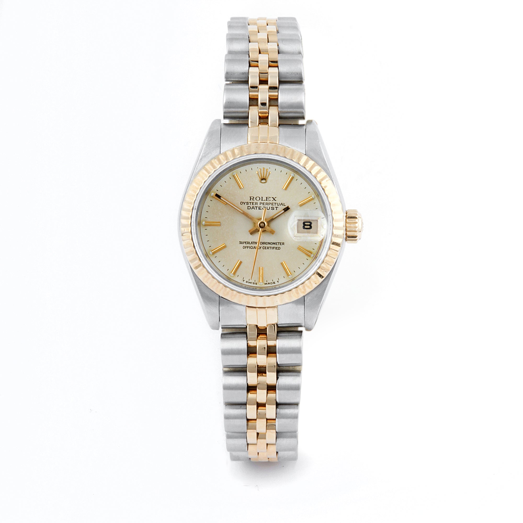 Rolex Datejust 26mm Stainless Steel & Yellow Gold 69173 Champagne Dial | Stick hour markers, Fluted bezel