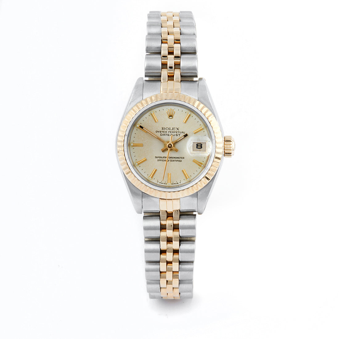 Rolex Datejust 26mm Stainless Steel & Yellow Gold 69173 Champagne Dial | Stick hour markers, Fluted bezel