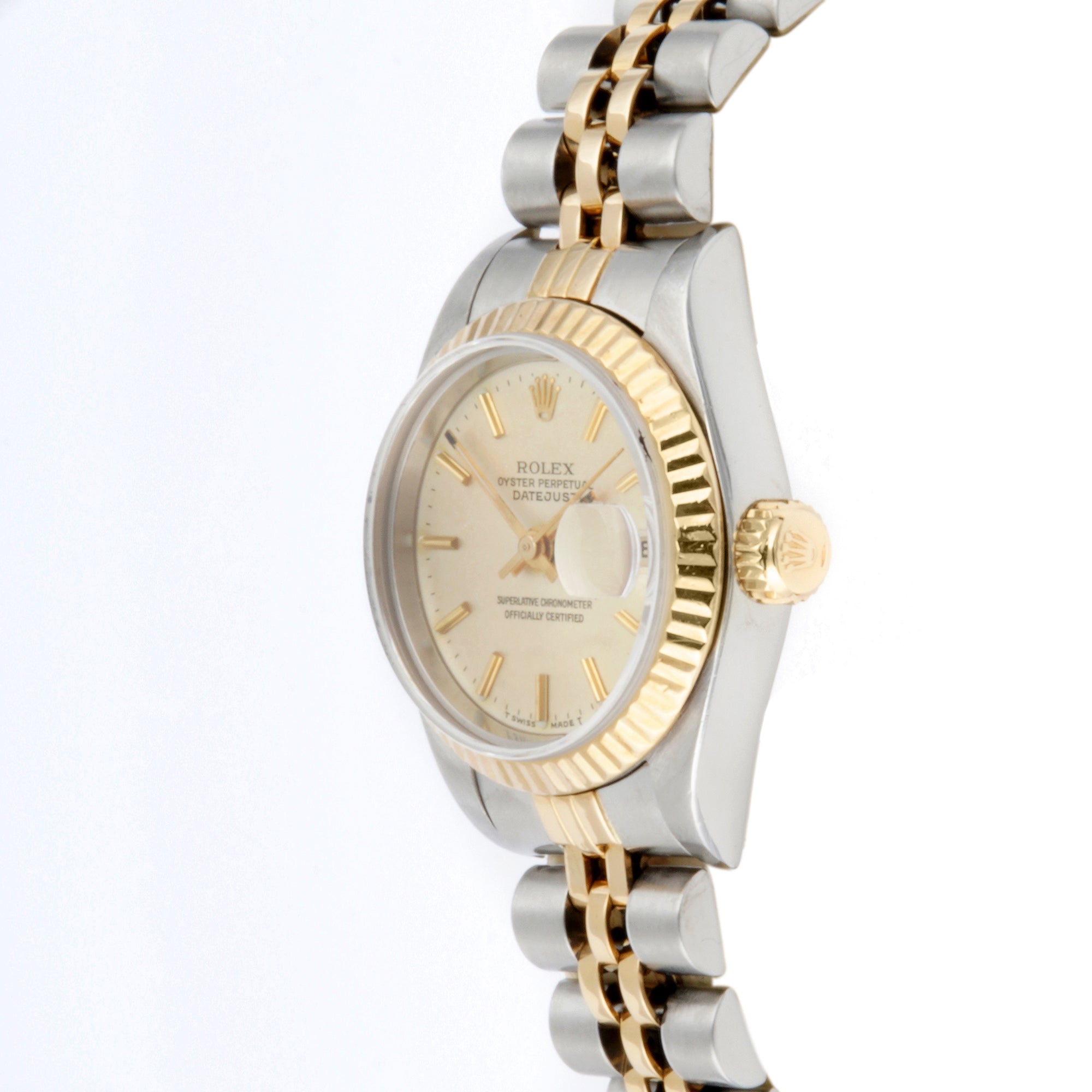 Rolex Datejust 26mm Stainless Steel & Yellow Gold 69173 Champagne Dial | Stick hour markers, Fluted bezel