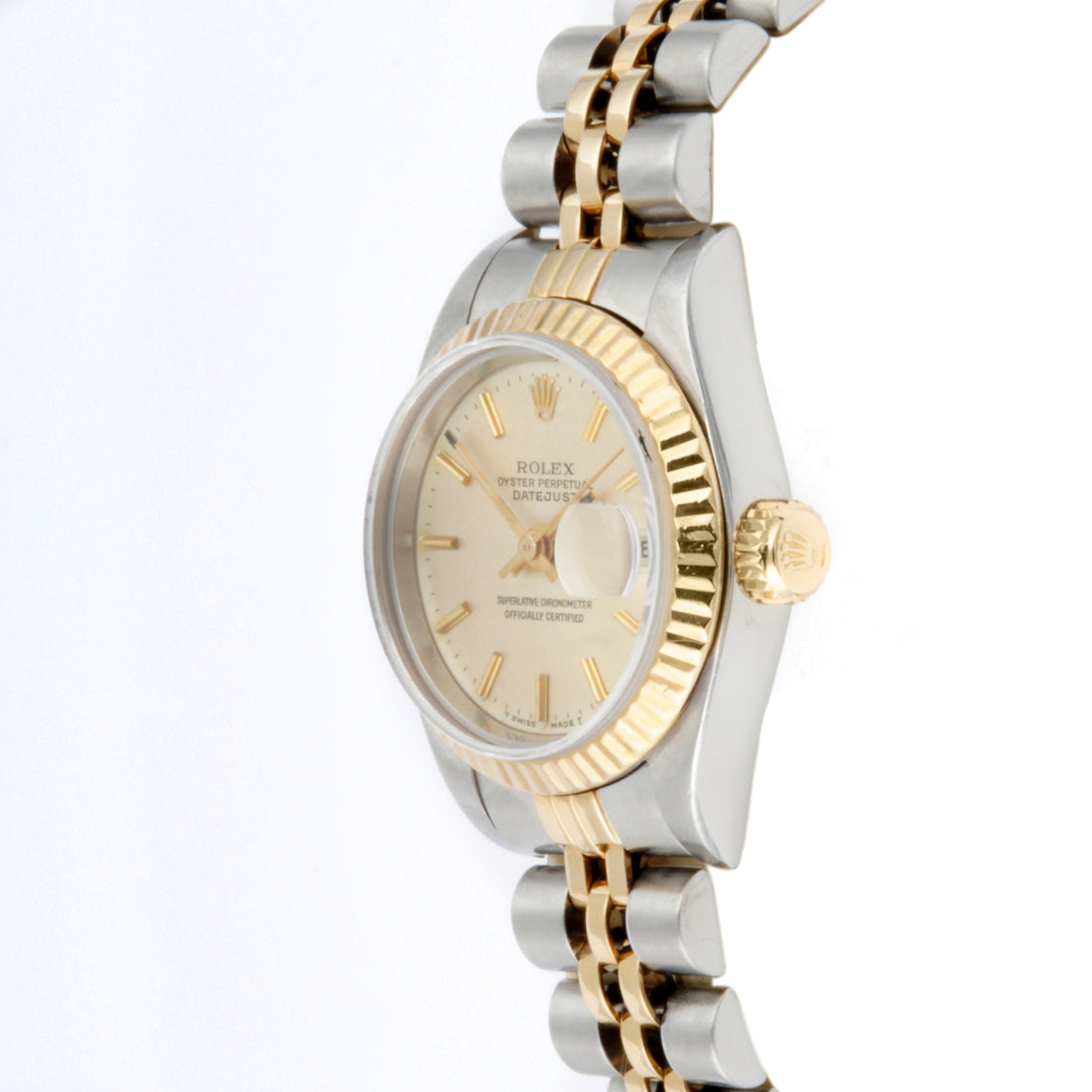 Rolex Datejust 26mm Stainless Steel & Yellow Gold 69173 Champagne Dial | Stick hour markers, Fluted bezel