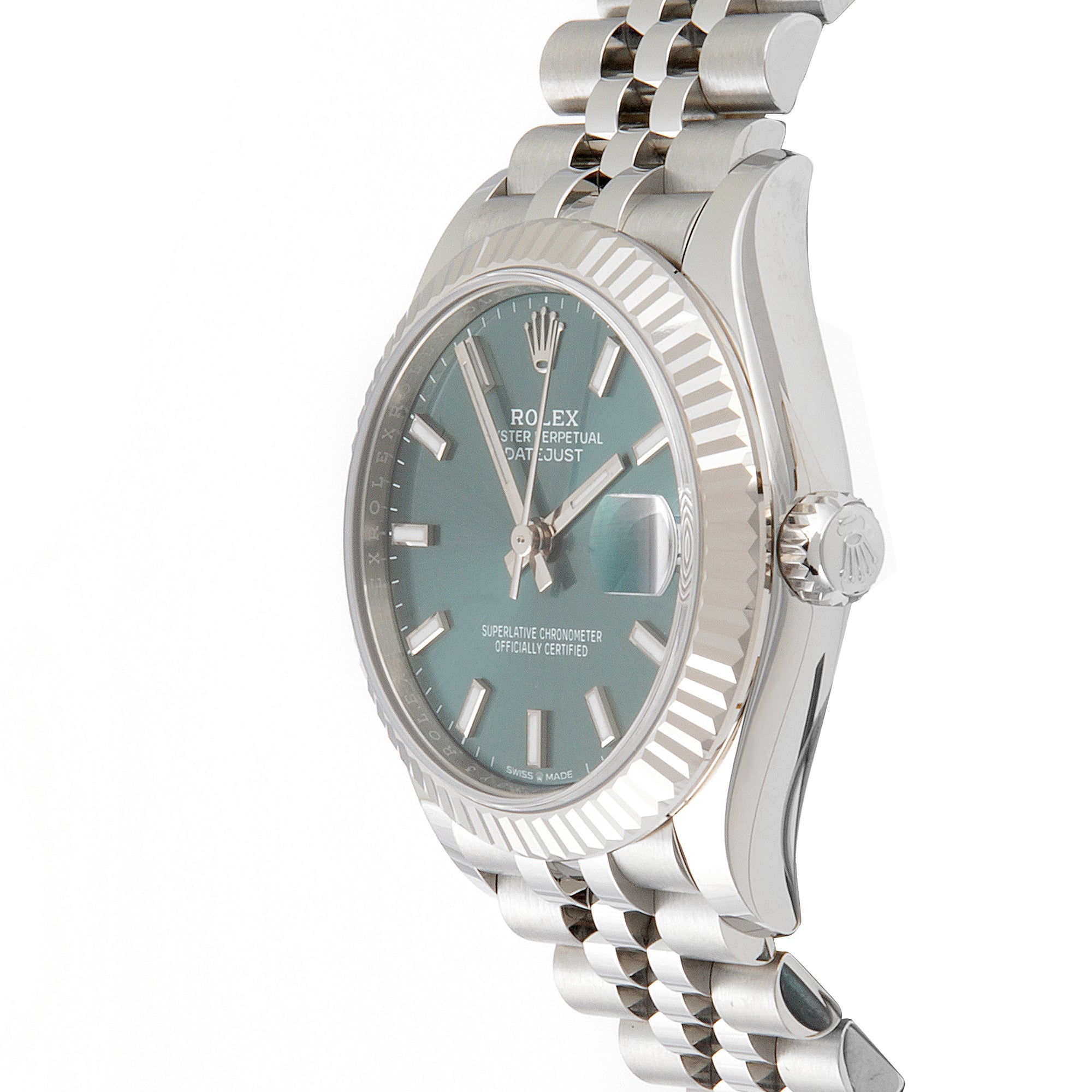 Rolex Datejust 31mm Stainless Steel & White Gold 278274 Mint Green Dial | Index hour markers, Fluted bezel