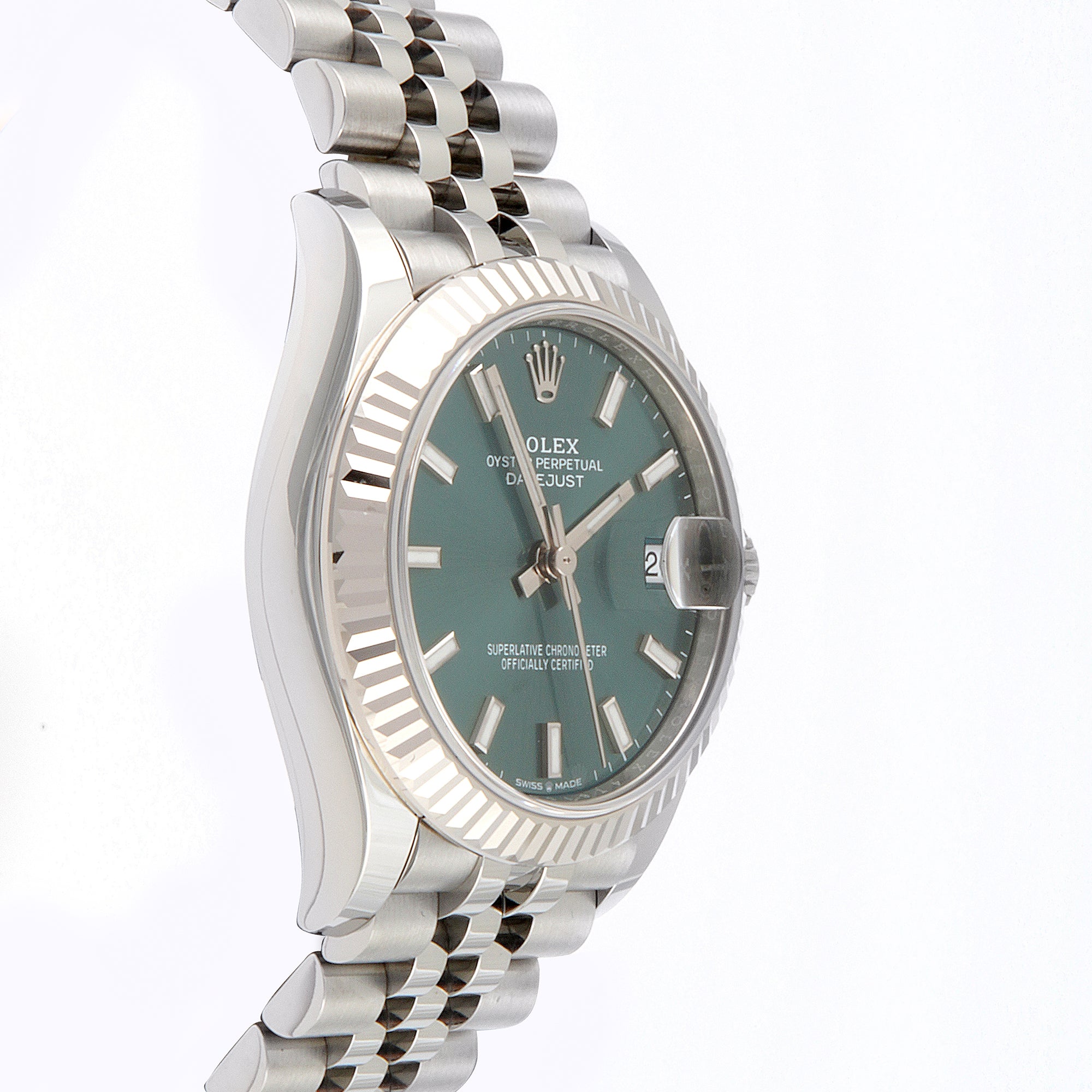 Rolex Datejust 31mm Stainless Steel & White Gold 278274 Mint Green Dial | Index hour markers, Fluted bezel