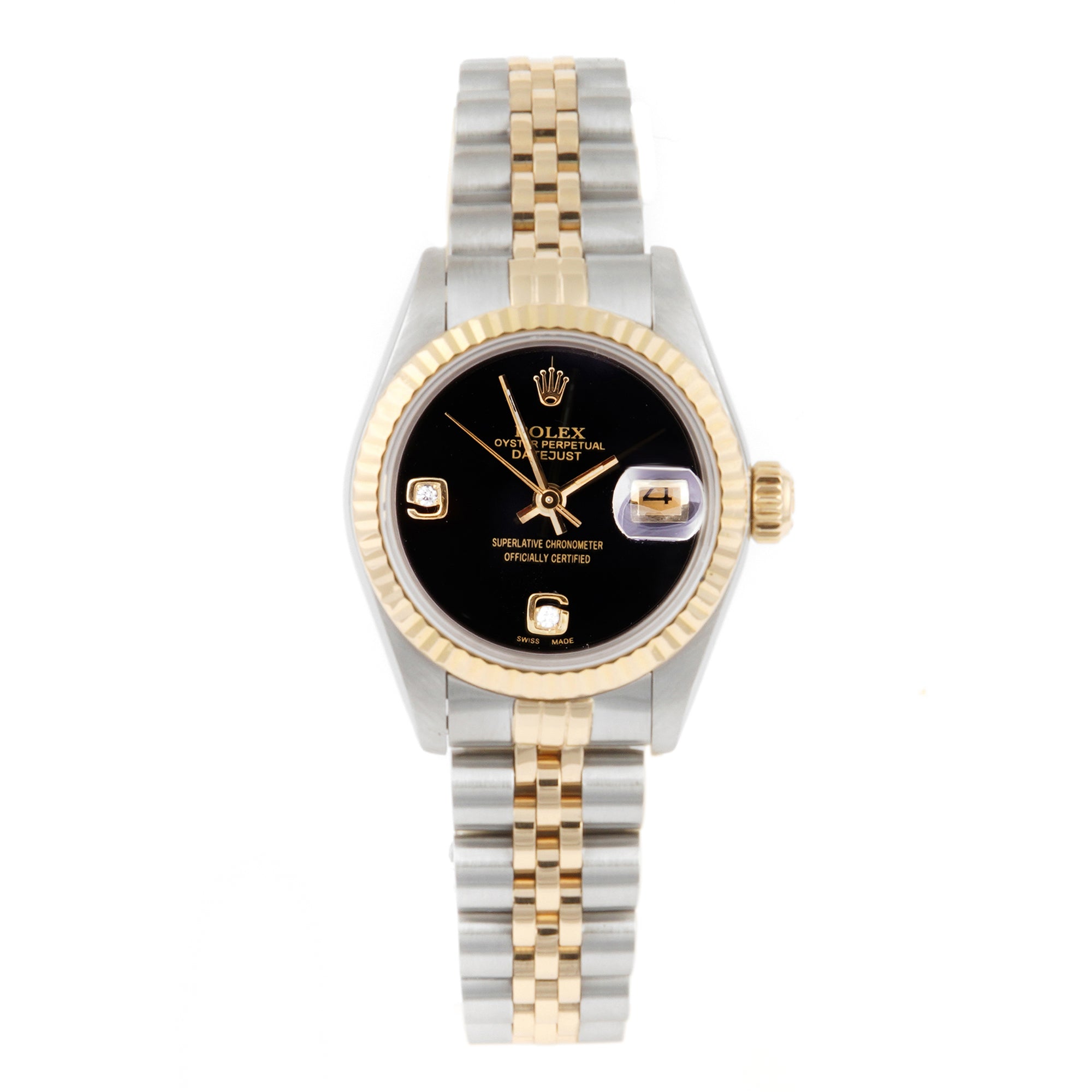 Rolex Datejust 26mm Stainless Steel & Yellow Gold 69173 Black Dial | Diamond 6-9 Arabic Numerals hour markers, Fluted bezel