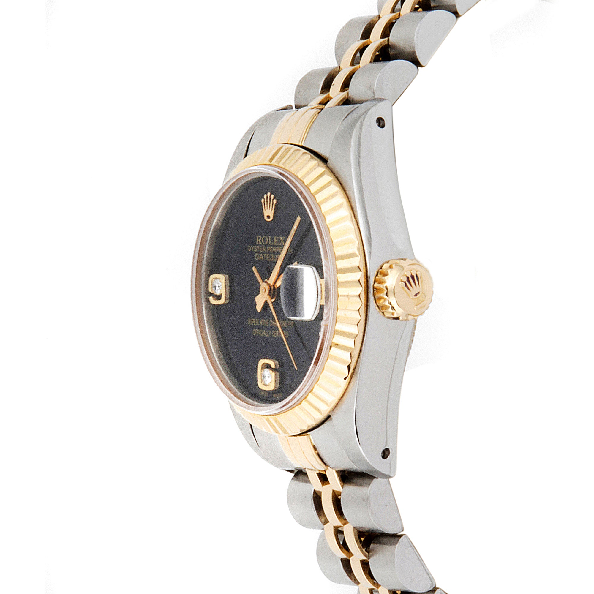Rolex Datejust 26mm Stainless Steel & Yellow Gold 69173 Black Dial | Diamond 6-9 Arabic Numerals hour markers, Fluted bezel