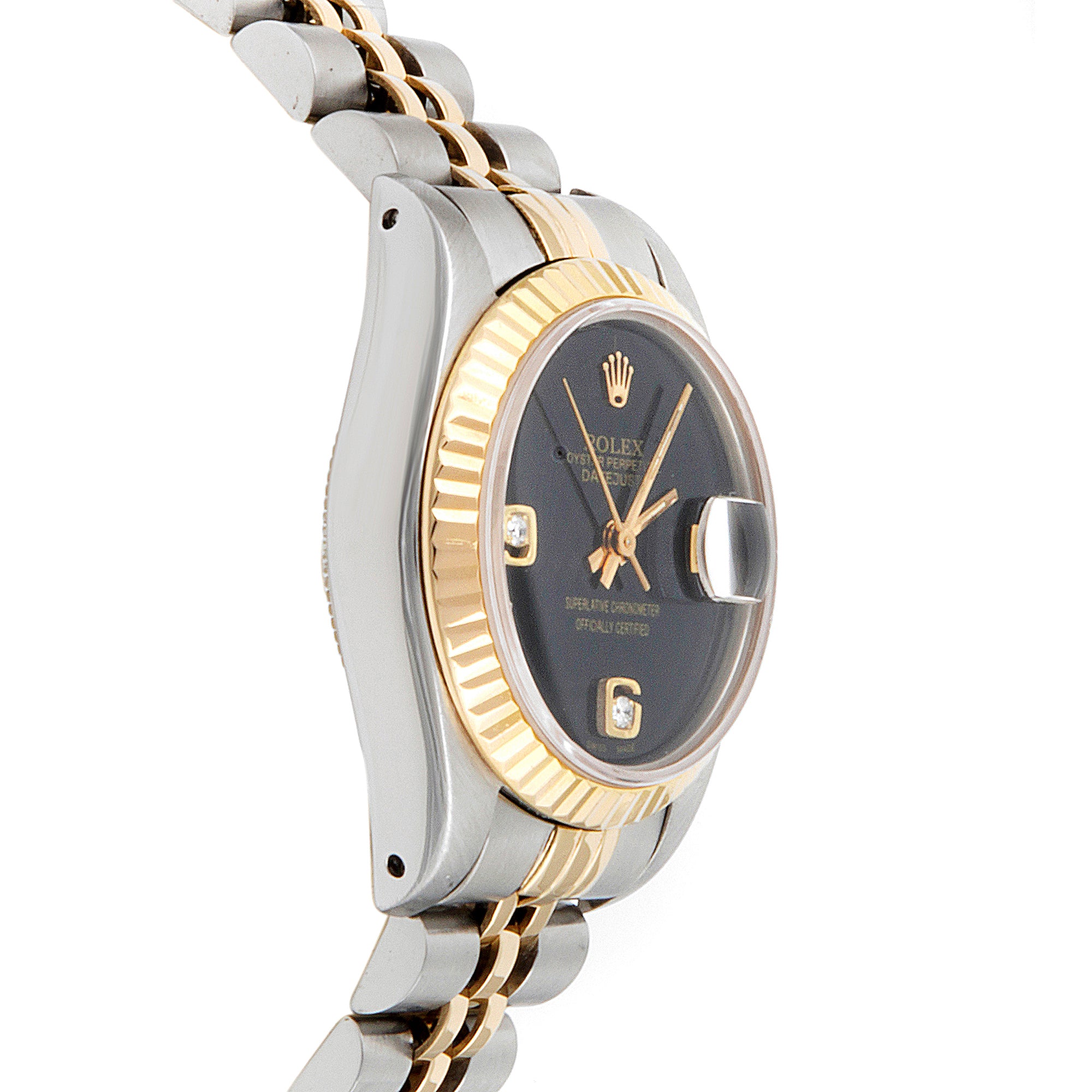 Rolex Datejust 26mm Stainless Steel & Yellow Gold 69173 Black Dial | Diamond 6-9 Arabic Numerals hour markers, Fluted bezel