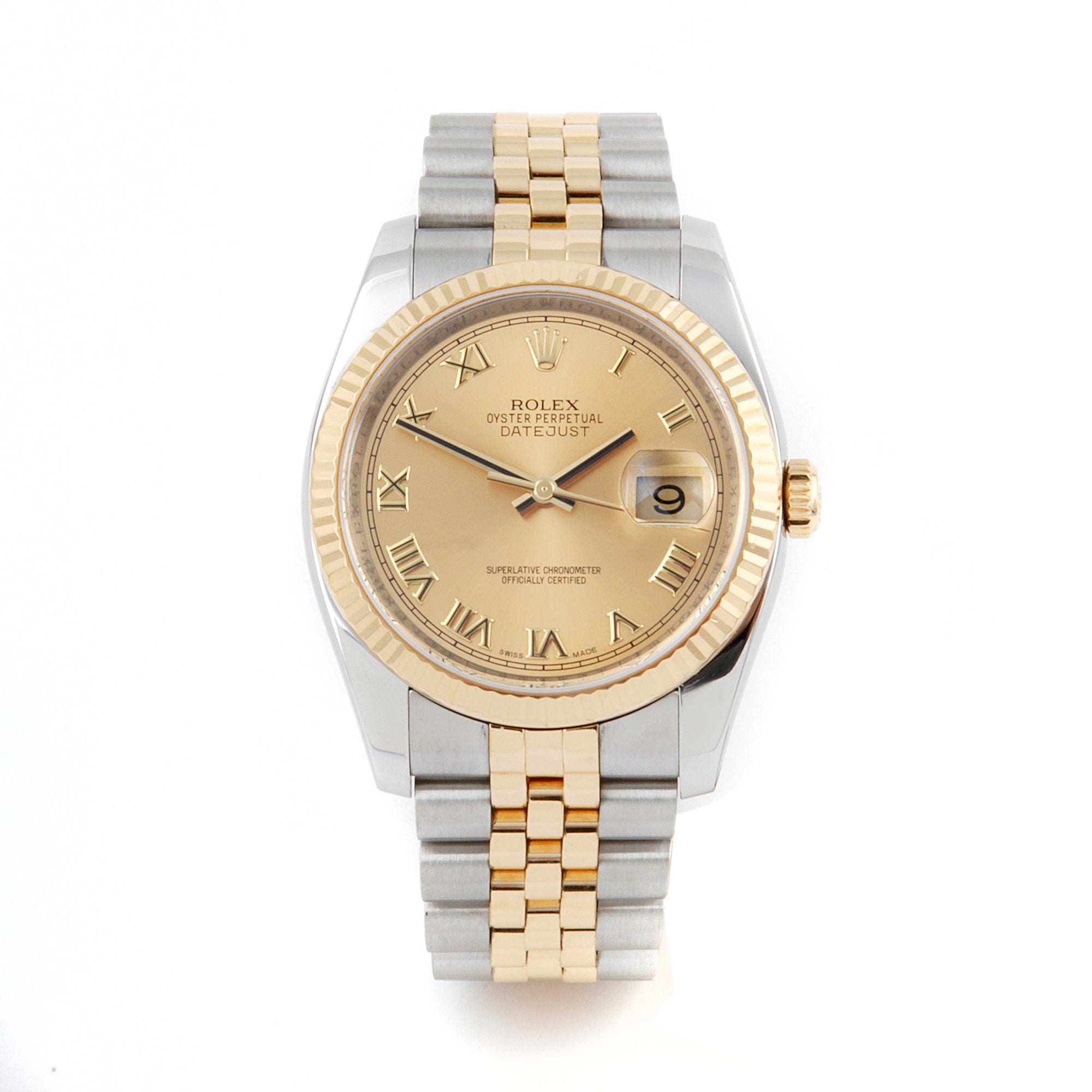 Rolex Datejust 36mm Stainless Steel & Yellow Gold 116233 Champagne Dial | Roman Numerals hour markers, Fluted bezel