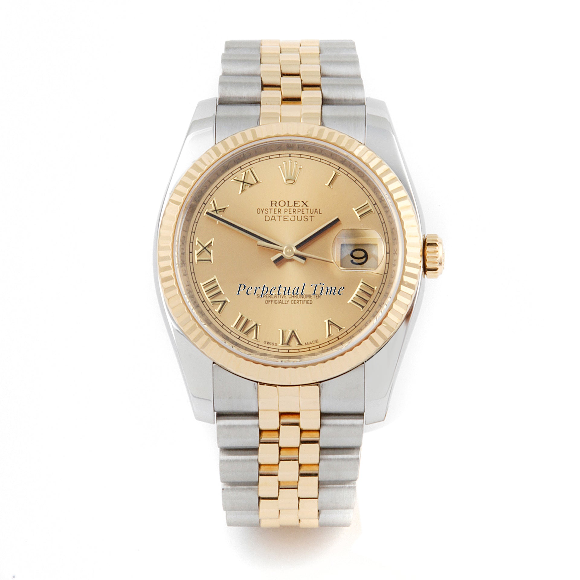 Rolex Datejust 36mm Stainless Steel & Yellow Gold 116233 Champagne Dial | Roman Numerals hour markers, Fluted bezel