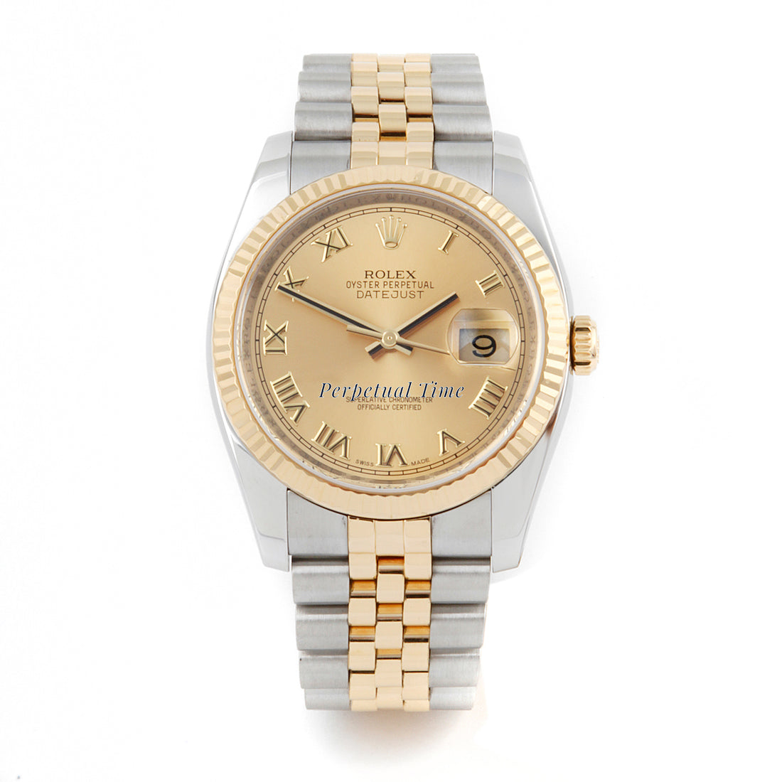 Rolex Datejust 36mm Stainless Steel & Yellow Gold 116233 Champagne Dial | Roman Numerals hour markers, Fluted bezel