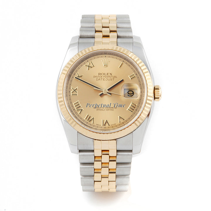 Rolex Datejust 36mm Stainless Steel & Yellow Gold 116233 Champagne Dial | Roman Numerals hour markers, Fluted bezel