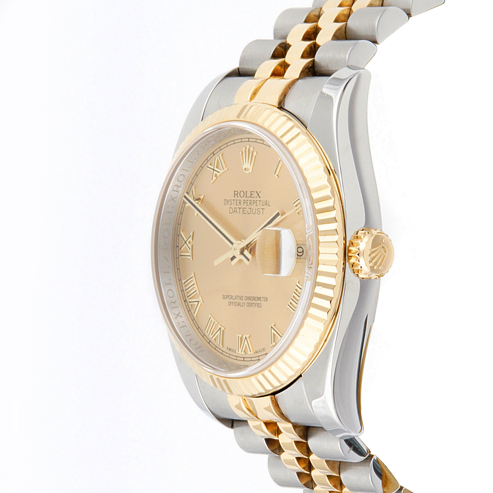 Rolex Datejust 36mm Stainless Steel & Yellow Gold 116233 Champagne Dial | Roman Numerals hour markers, Fluted bezel