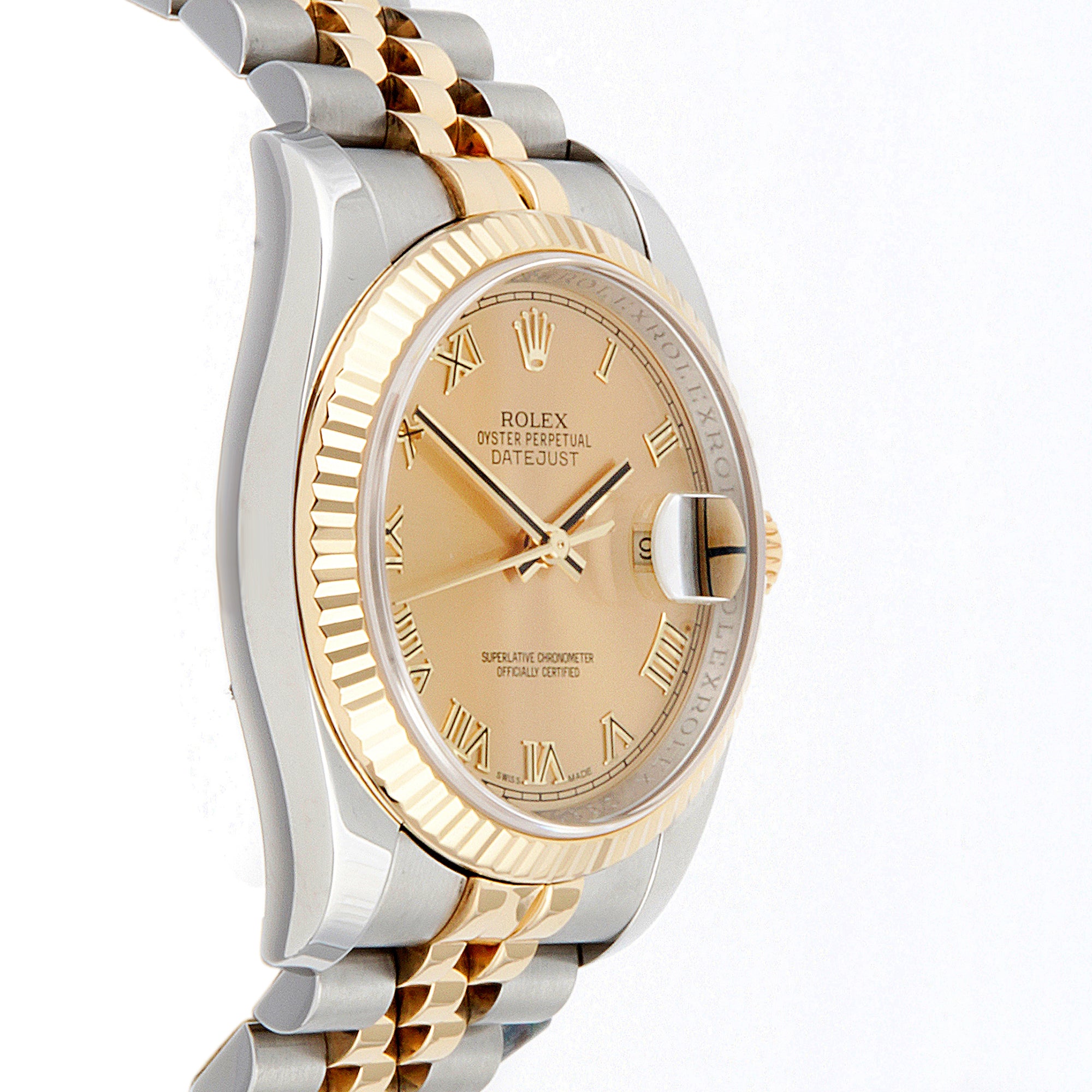 Rolex Datejust 36mm Stainless Steel & Yellow Gold 116233 Champagne Dial | Roman Numerals hour markers, Fluted bezel
