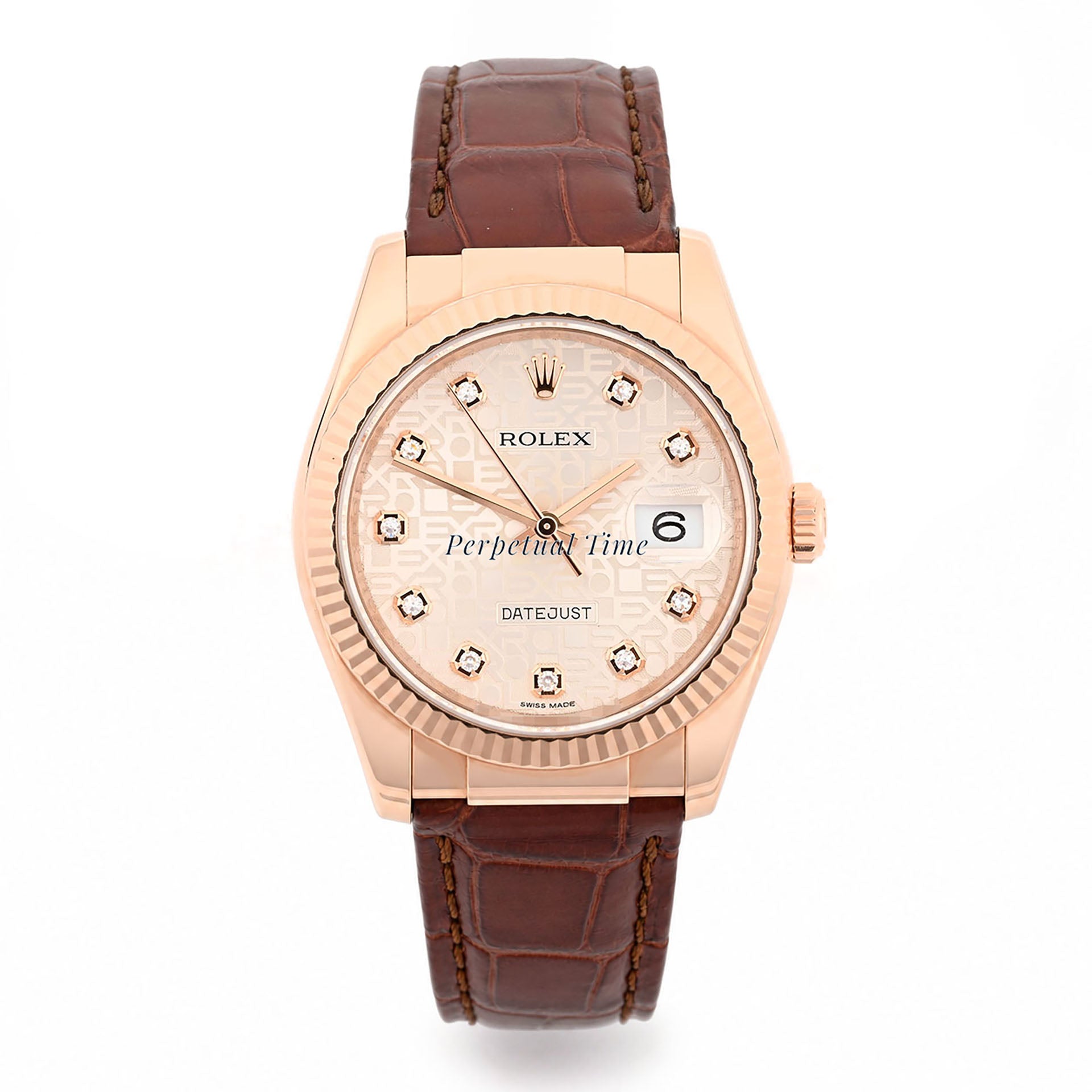 Rolex Datejust 36 Rose Gold Pink Diamond Computer Dial Brown Leather Band 116135