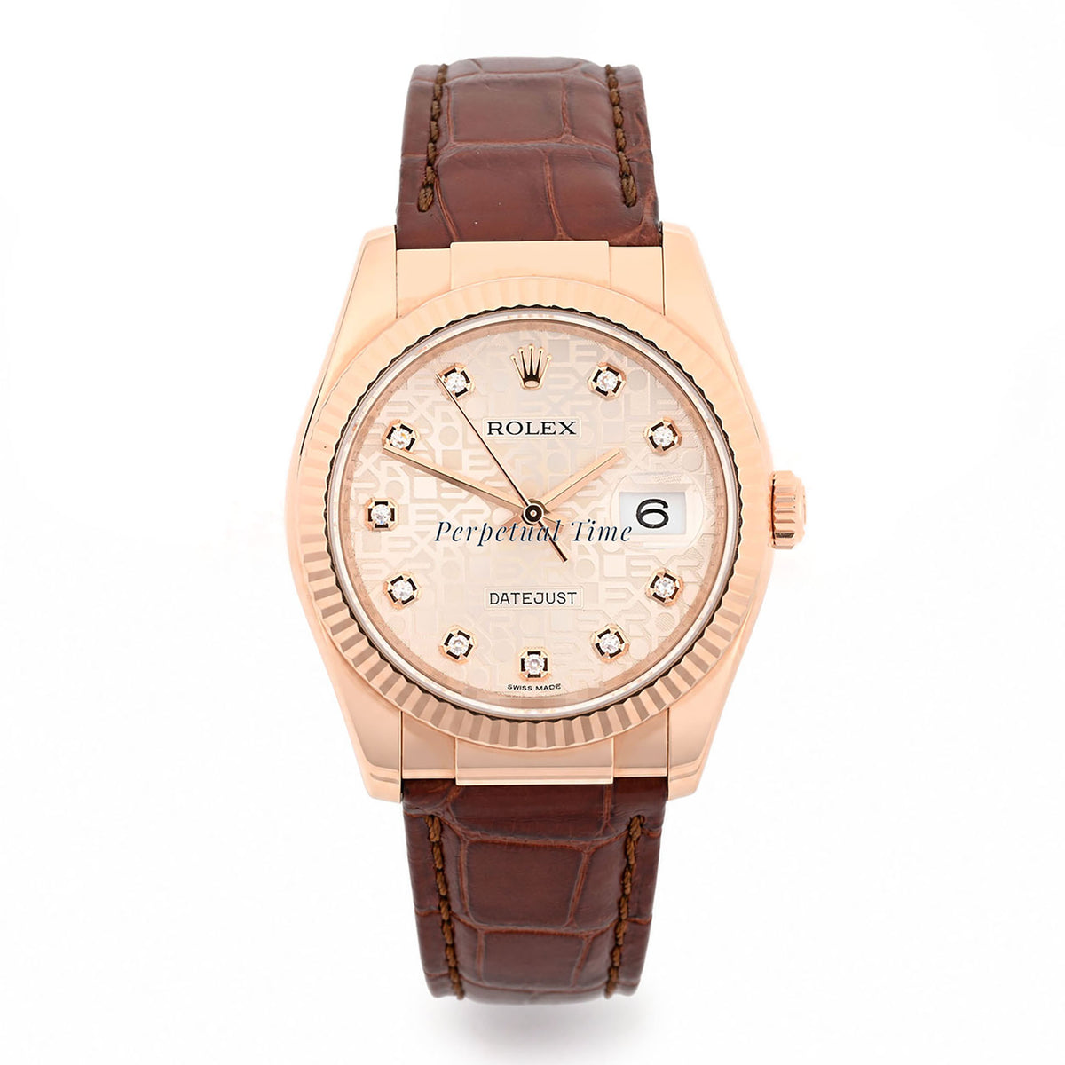 Rolex Datejust 36 Rose Gold Pink Diamond Computer Dial Brown Leather Band 116135