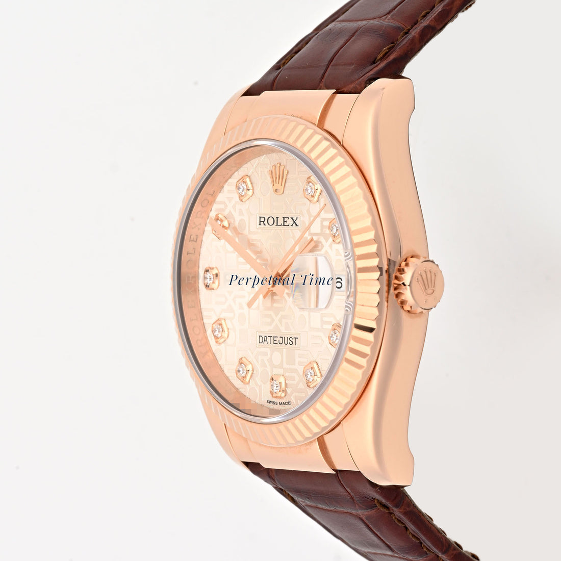 Rolex Datejust 36 Rose Gold Pink Diamond Computer Dial Brown Leather Band 116135
