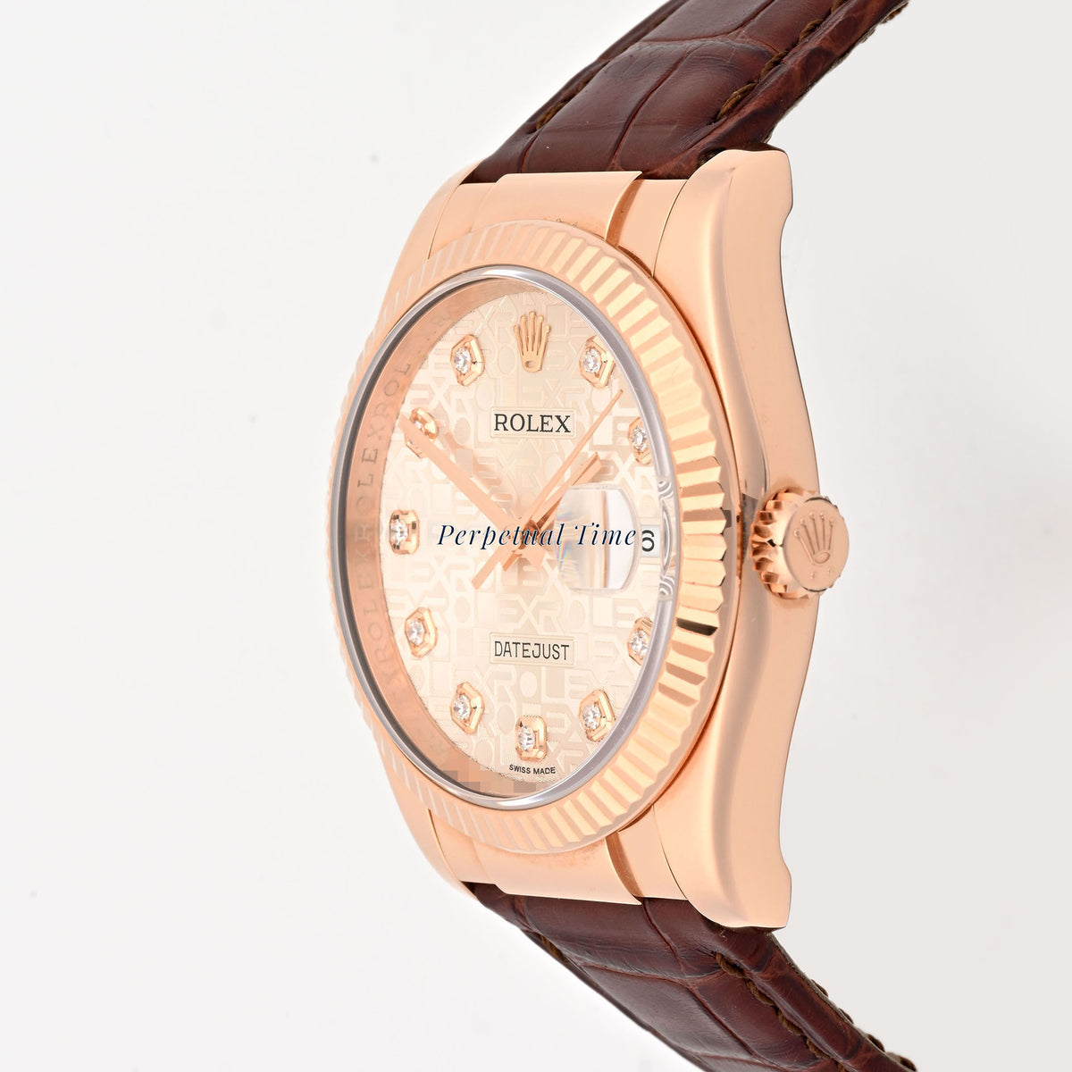 Rolex Datejust 36 Rose Gold Pink Diamond Computer Dial Brown Leather Band 116135