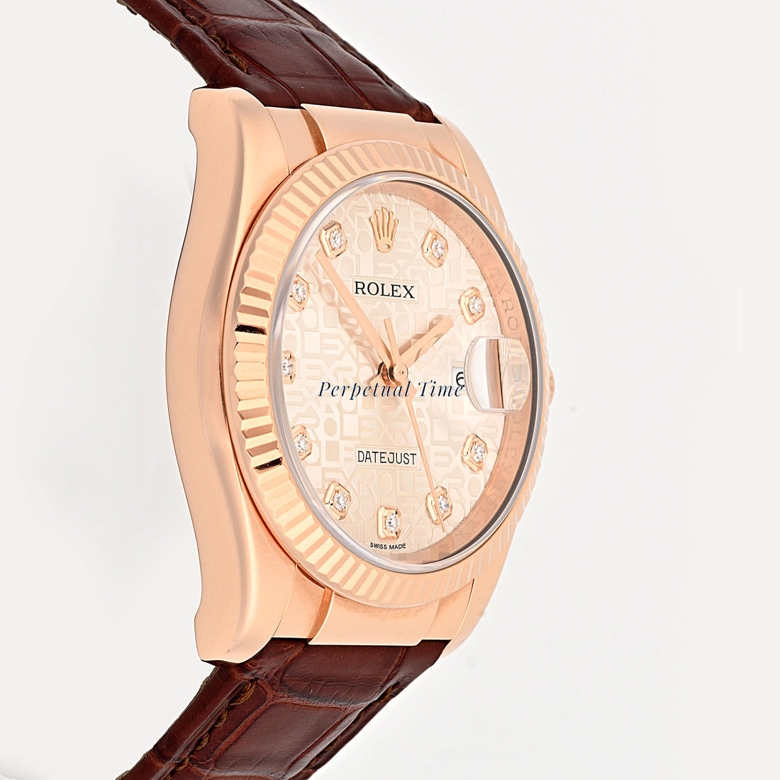 Rolex Datejust 36 Rose Gold Pink Diamond Computer Dial Brown Leather Band 116135