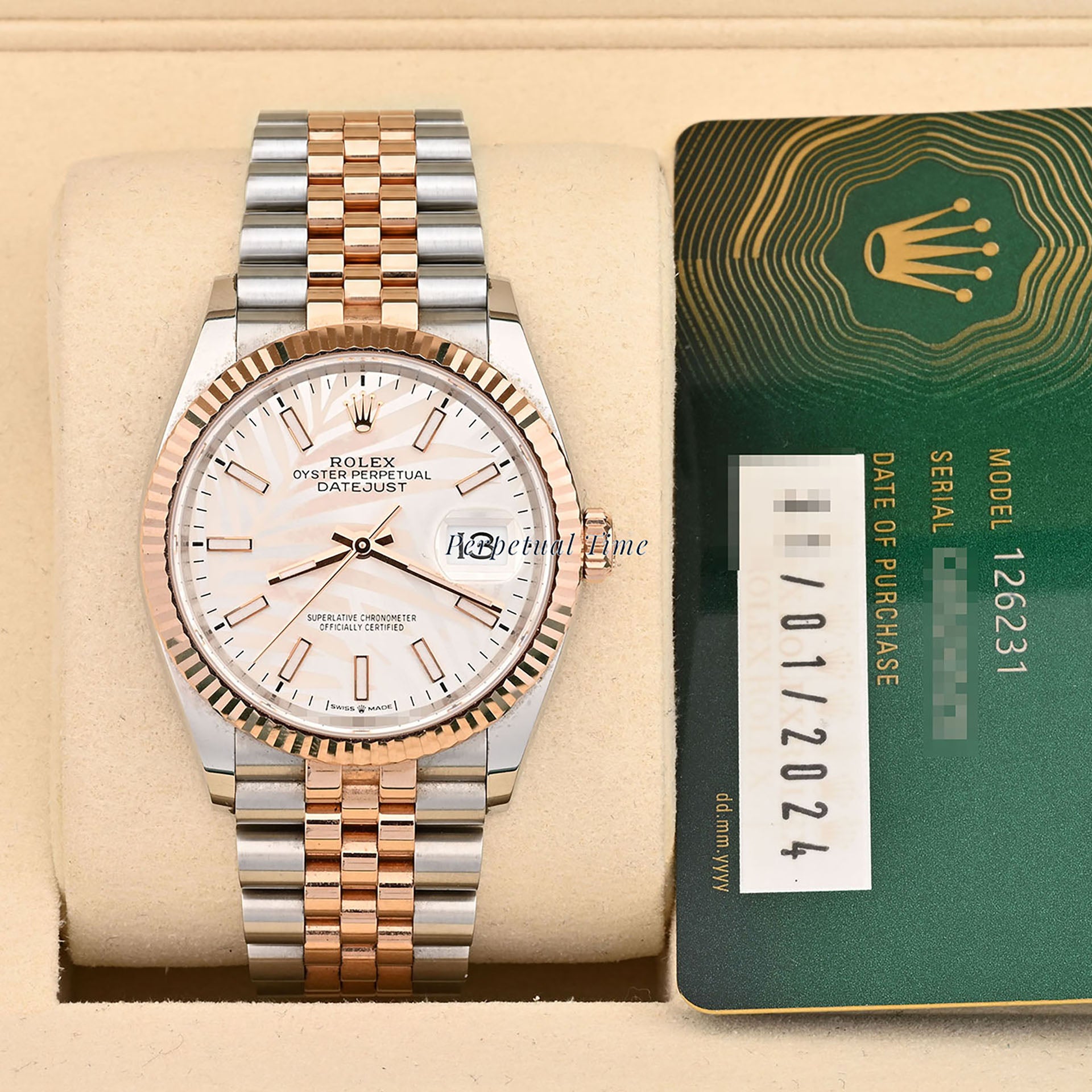 Rolex Datejust 36 Silver Palm Motif Dial 126231 Jubilee Band Card 2024