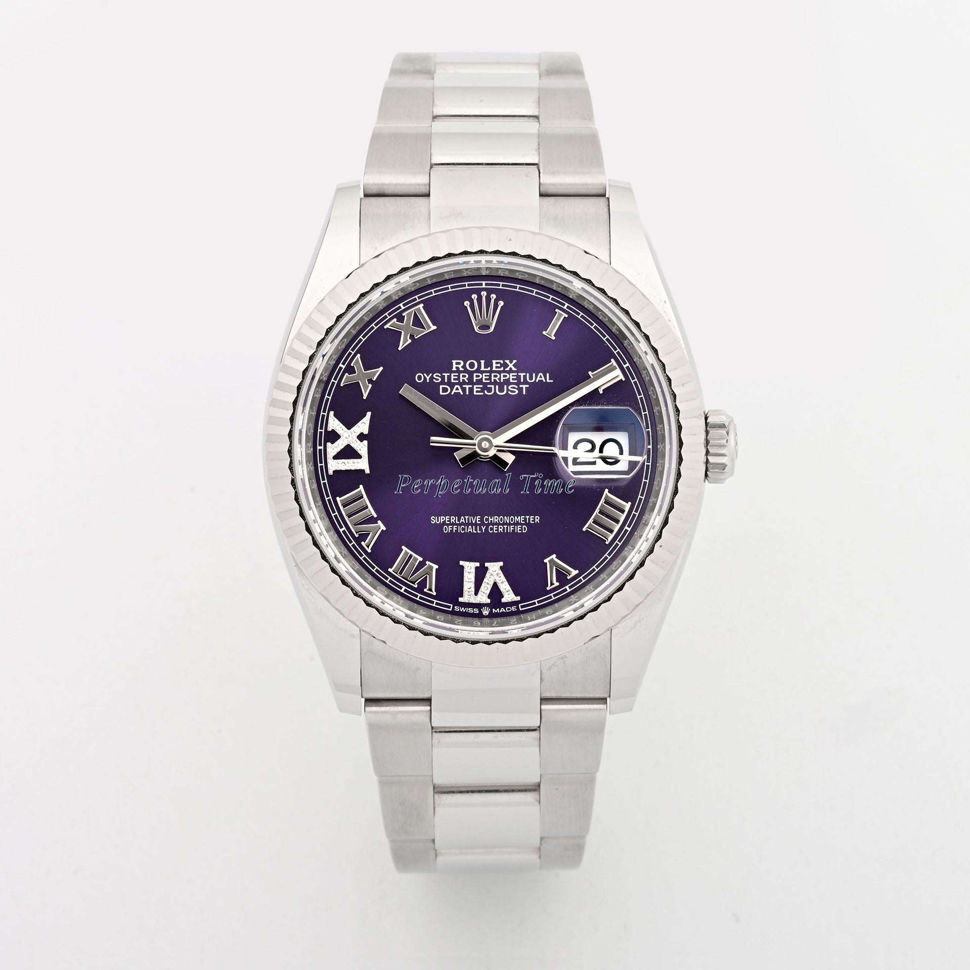 Rolex Datejust 36mm Aubergine Diamond Roman Dial 126234 Fluted Bezel Oyster Band