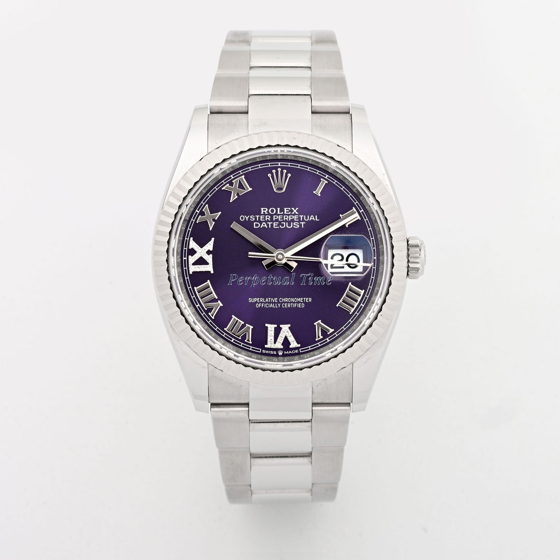Rolex Datejust 36mm Aubergine Diamond Roman Dial 126234 Fluted Bezel Oyster Band