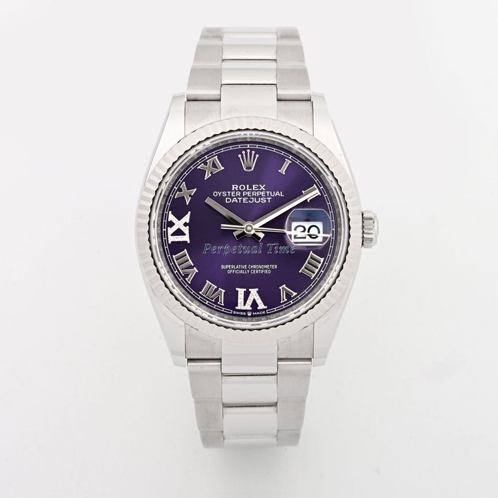 Rolex Datejust 36mm Aubergine Diamond Roman Dial 126234 Fluted Bezel Oyster Band