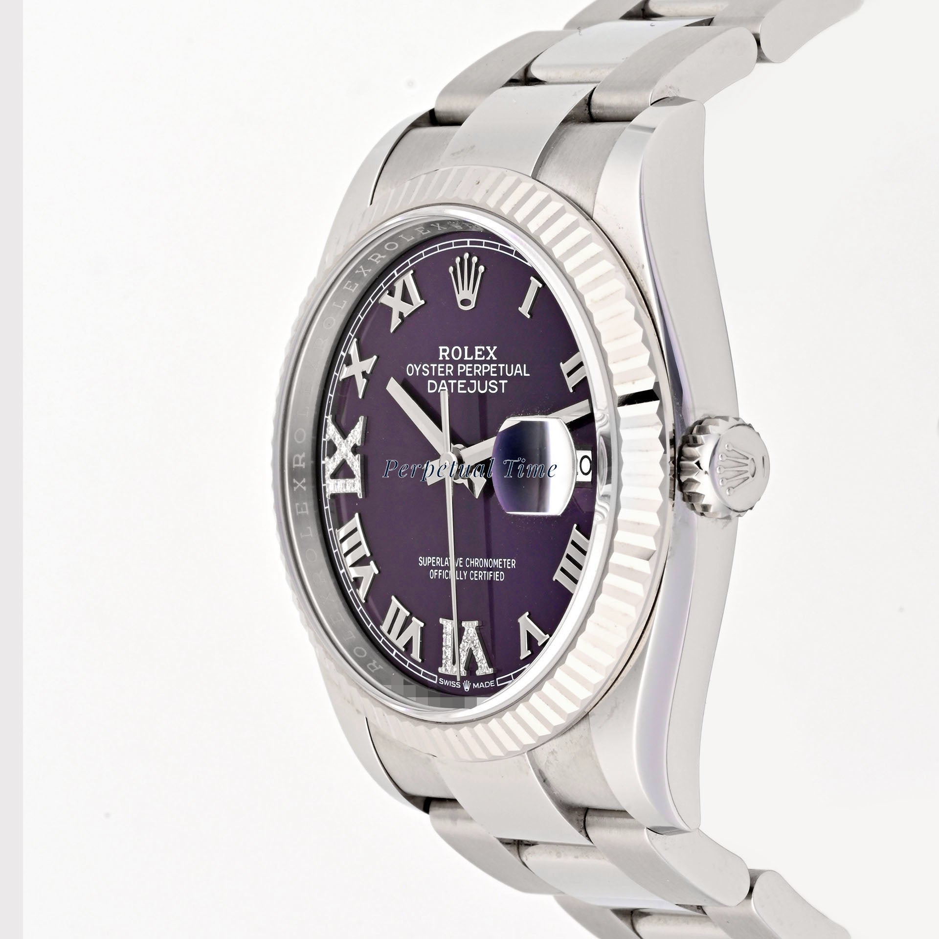 Rolex Datejust 36mm Aubergine Diamond Roman Dial 126234 Fluted Bezel Oyster Band