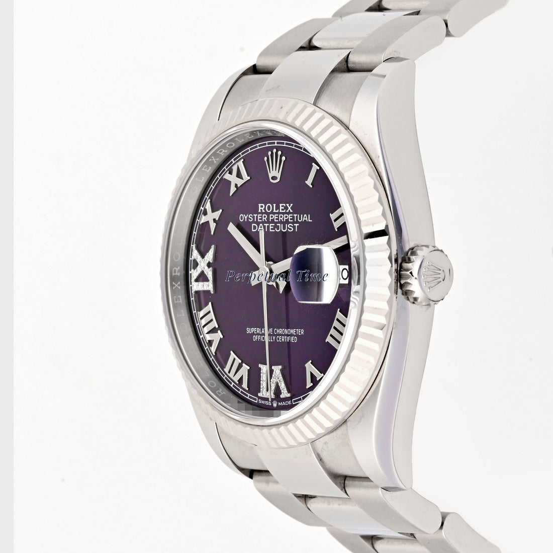 Rolex Datejust 36mm Aubergine Diamond Roman Dial 126234 Fluted Bezel Oyster Band