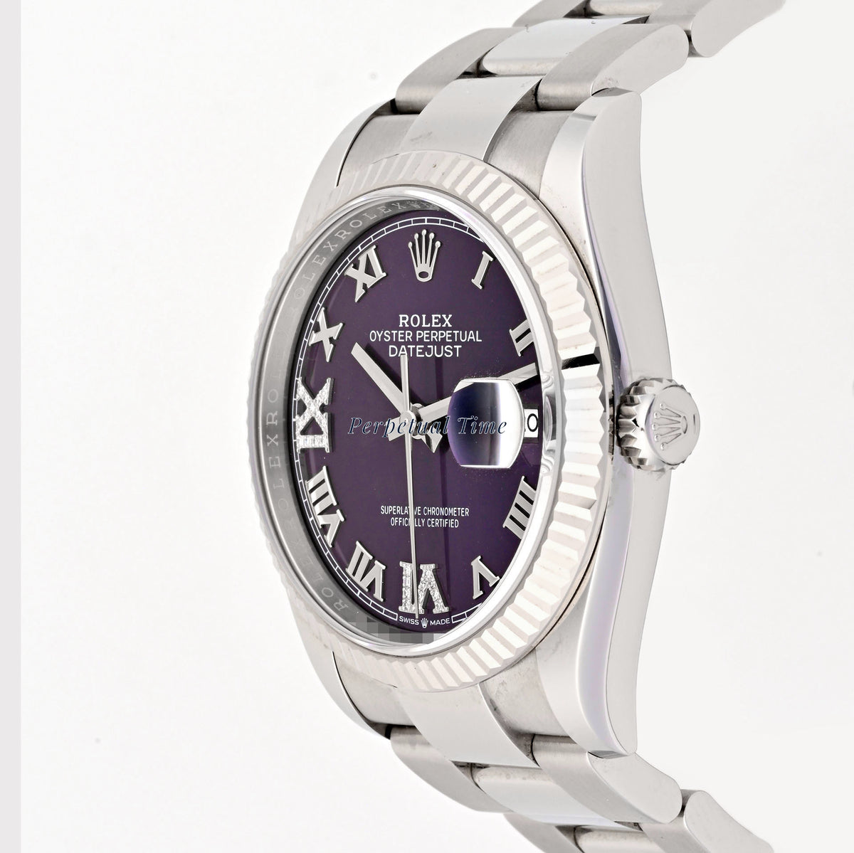 Rolex Datejust 36mm Aubergine Diamond Roman Dial 126234 Fluted Bezel Oyster Band