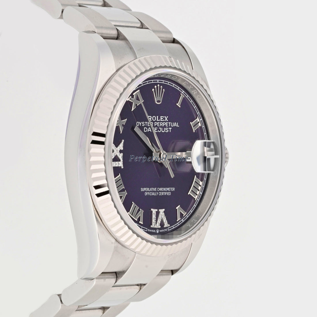 Rolex Datejust 36mm Aubergine Diamond Roman Dial 126234 Fluted Bezel Oyster Band