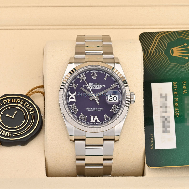 Rolex Datejust 36mm Aubergine Diamond Roman Dial 126234 Fluted Bezel Oyster Band