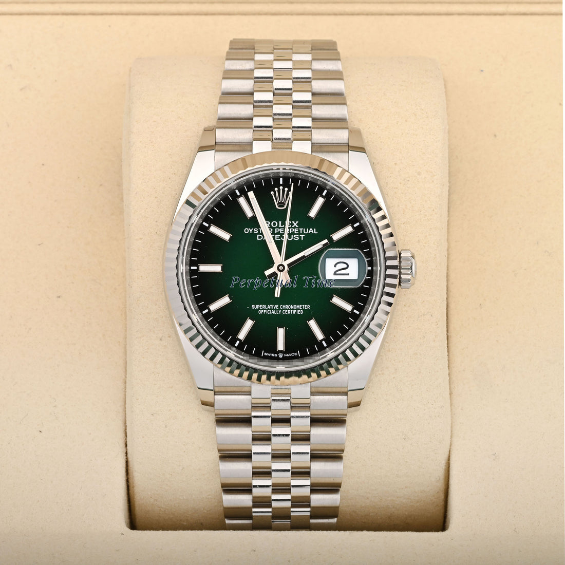 Rolex Datejust 36mm Green Ombre Dial 126234 Fluted Bezel Jubilee Band
