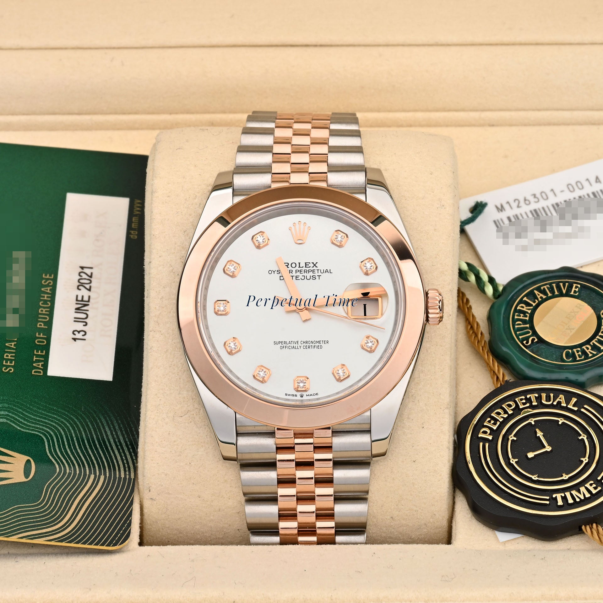 Rolex Datejust 41 White MOP Diamond Dial 126301 Smooth Bezel Jubilee Band Card 2021