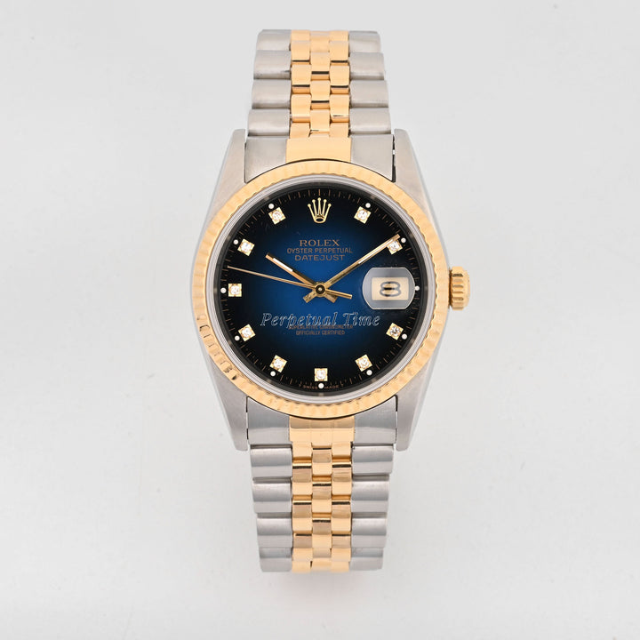Rolex Datejust 36mm Stainless Steel And Yellow Gold Blue Vignette Diamond Dial 16233