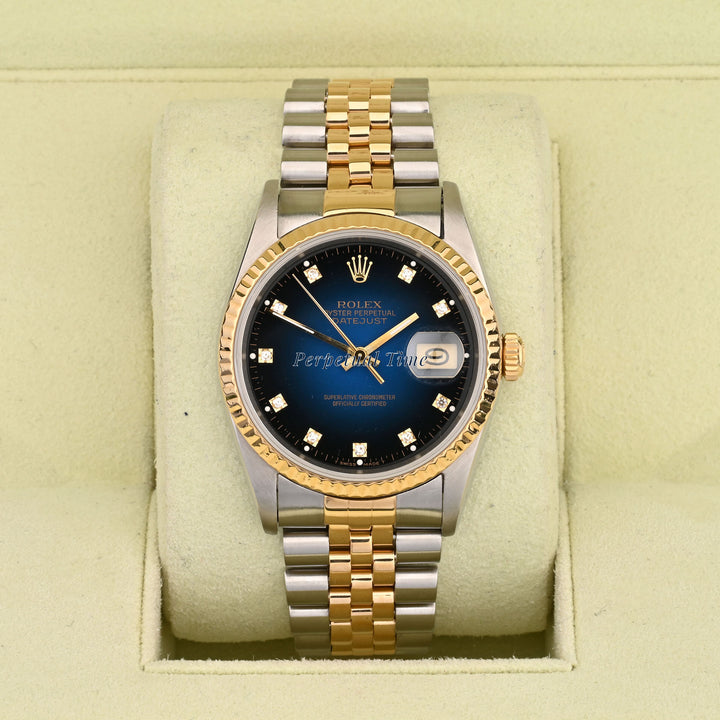 Rolex Datejust 36mm Stainless Steel And Yellow Gold Blue Vignette Diamond Dial 16233