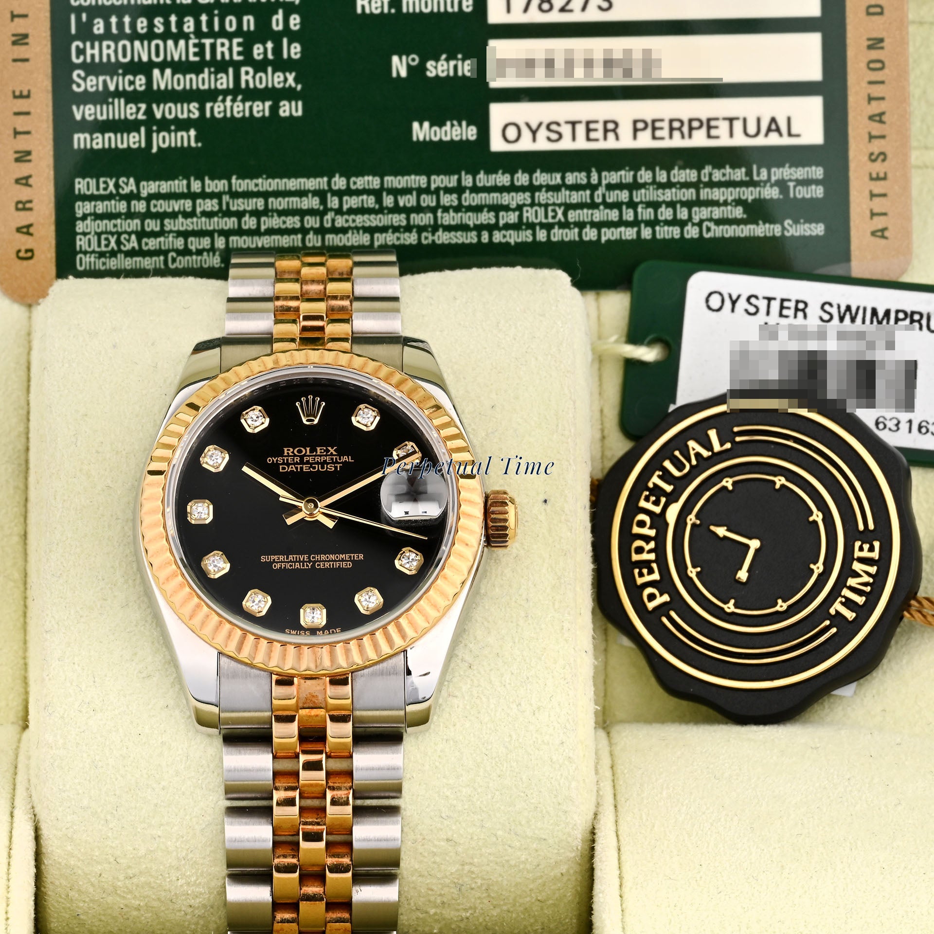 Rolex Datejust 31mm Black Diamond Dial 178273 Two Tone Jubilee Band Card 2013