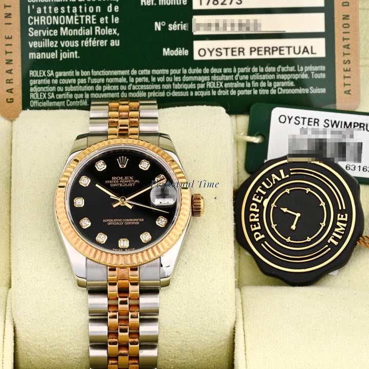 Rolex Datejust 31mm Black Diamond Dial 178273 Two Tone Jubilee Band Card 2013