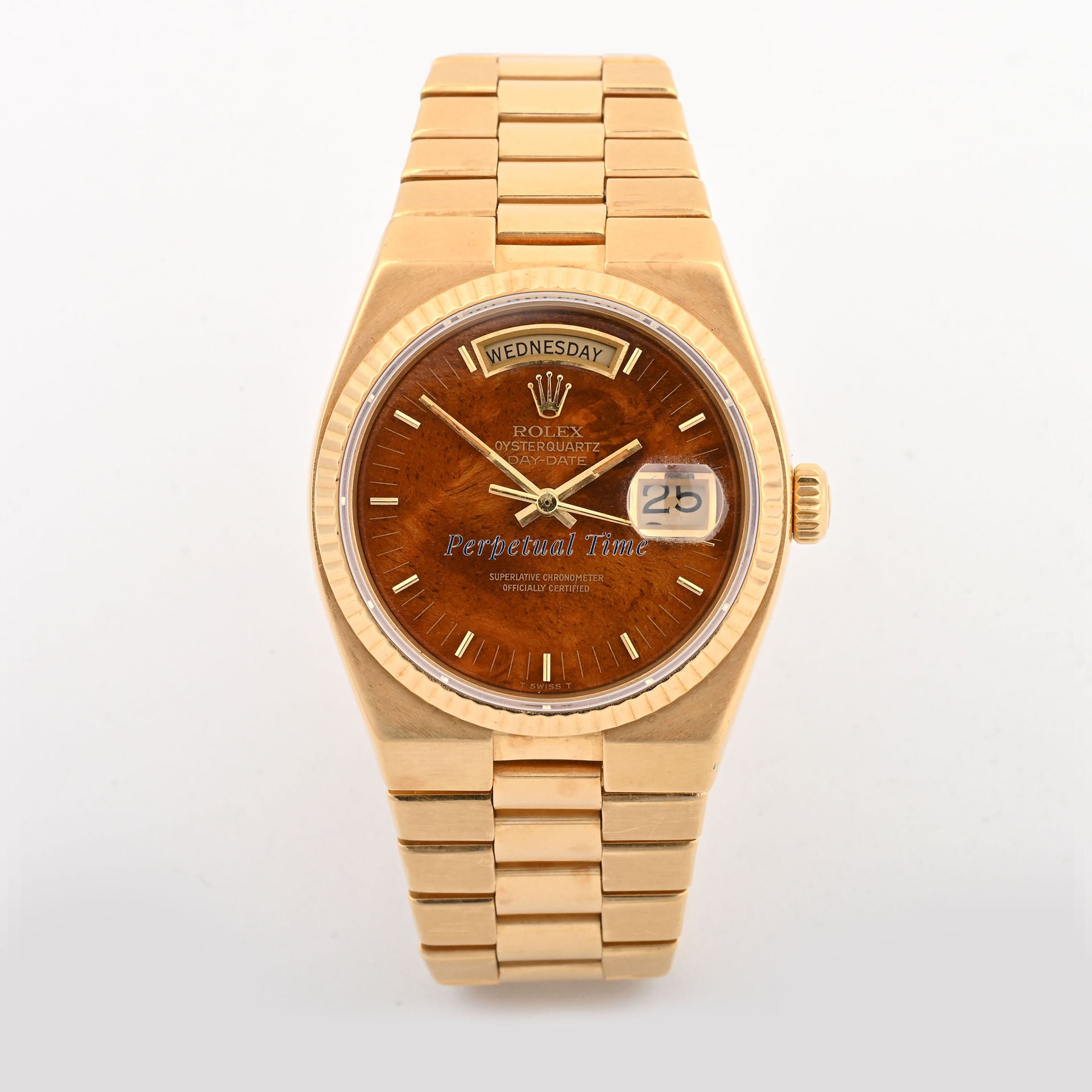 Rolex Day-Date 36mm Oysterquartz Yellow Gold Burlwood Dial 19018