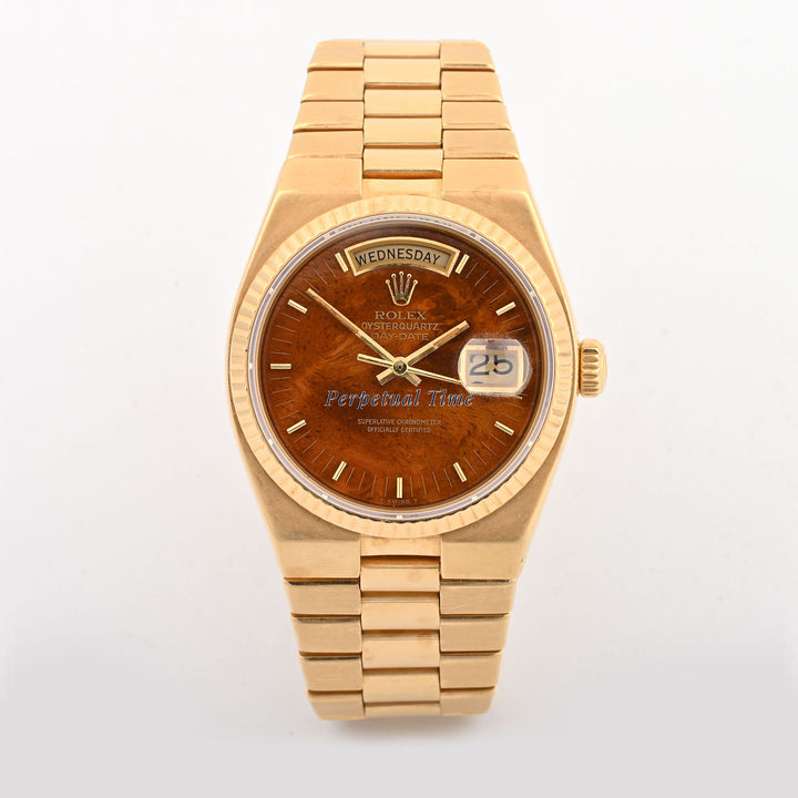 Rolex Day-Date 36mm Oysterquartz Yellow Gold Burlwood Dial 19018