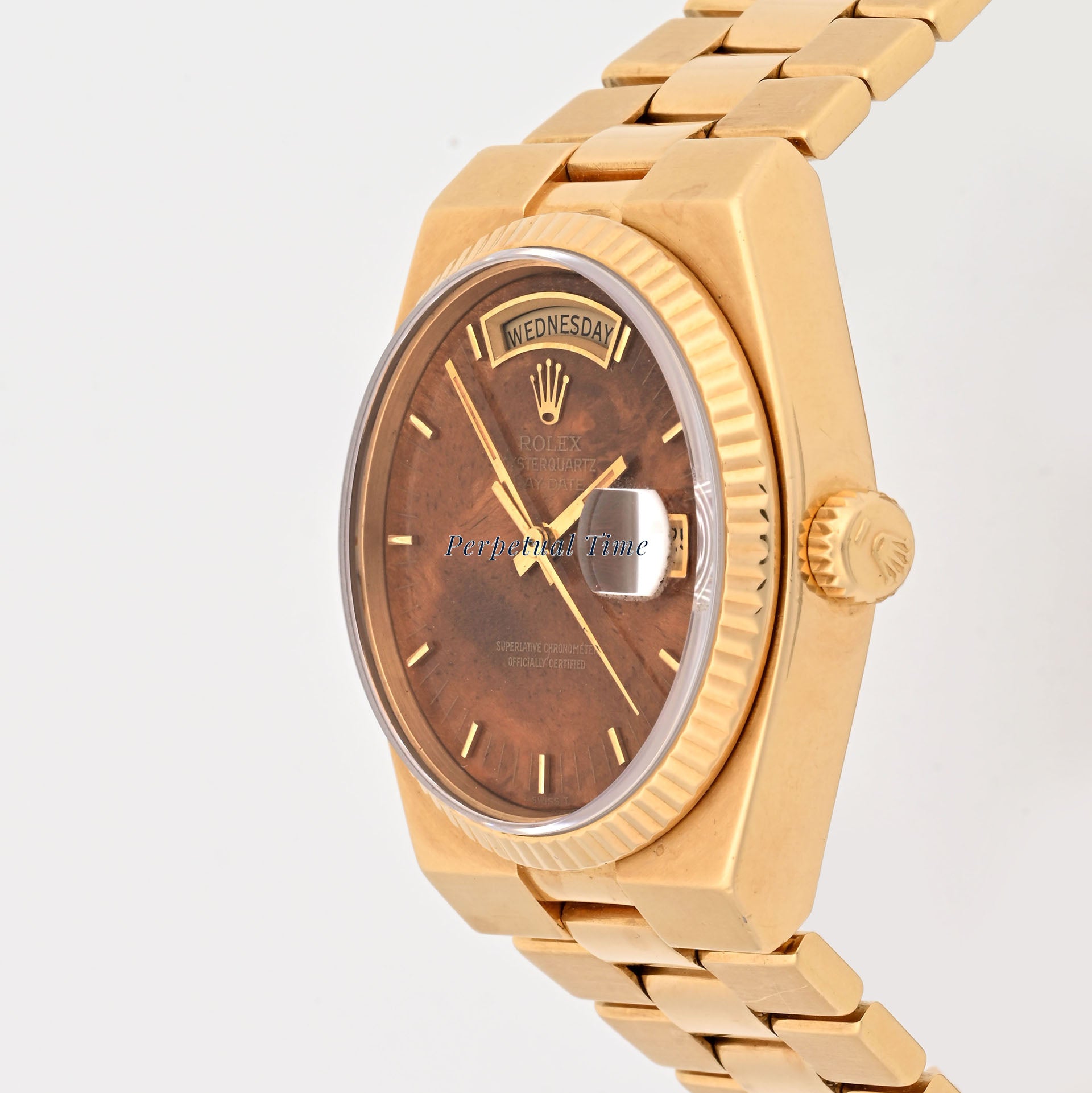 Rolex Day-Date 36mm Oysterquartz Yellow Gold Burlwood Dial 19018