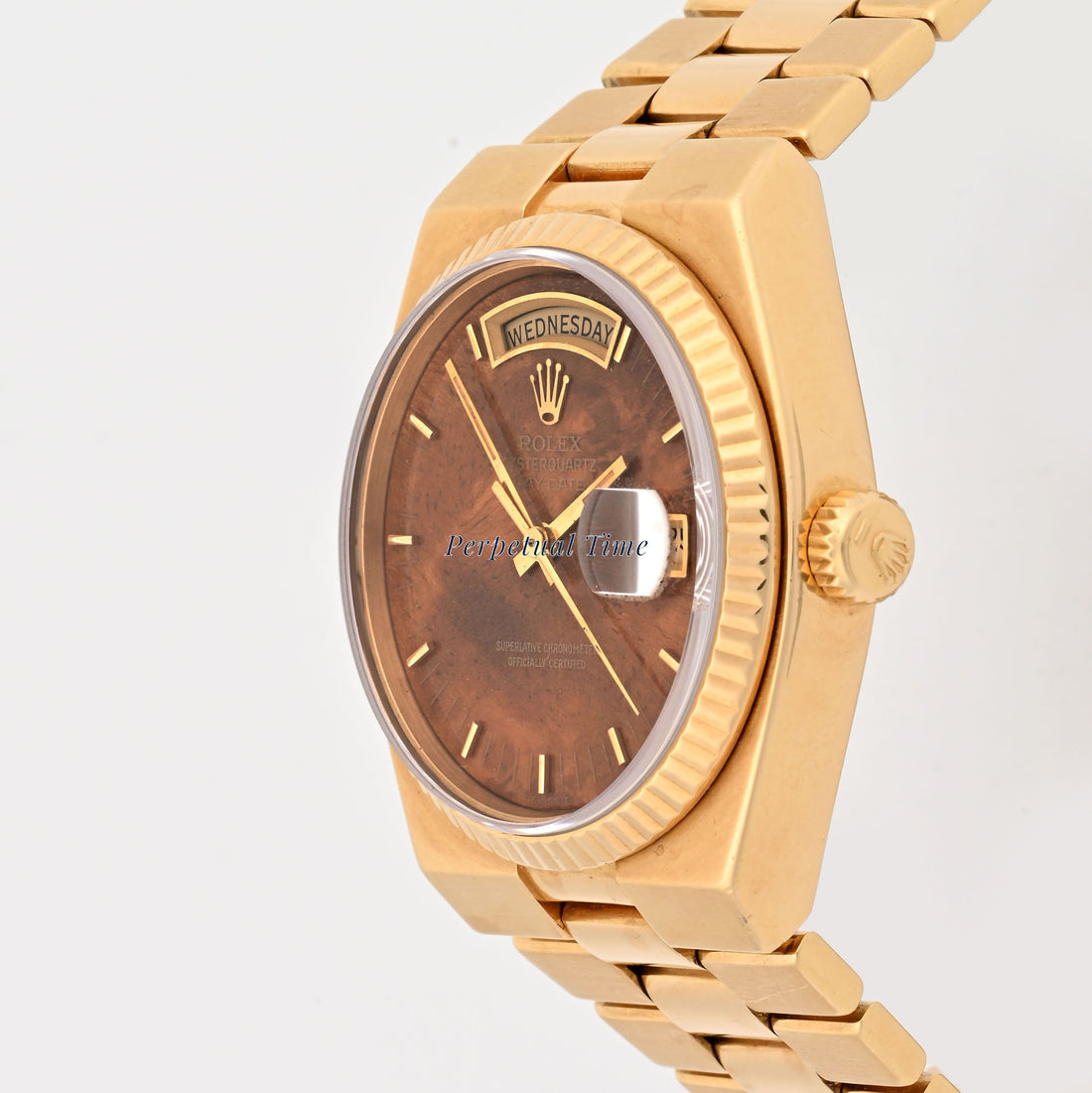 Rolex Day-Date 36mm Oysterquartz Yellow Gold Burlwood Dial 19018