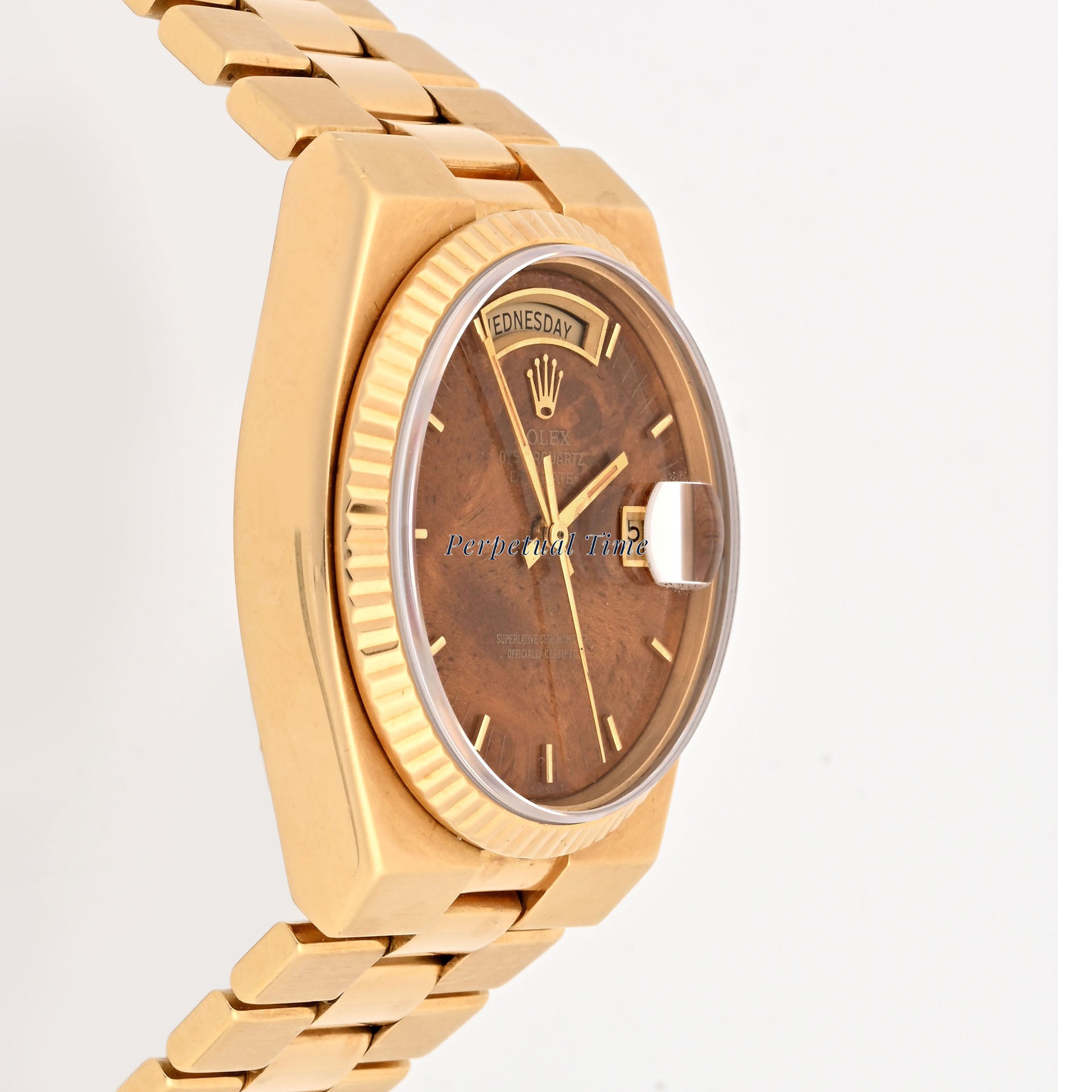 Rolex Day-Date 36mm Oysterquartz Yellow Gold Burlwood Dial 19018