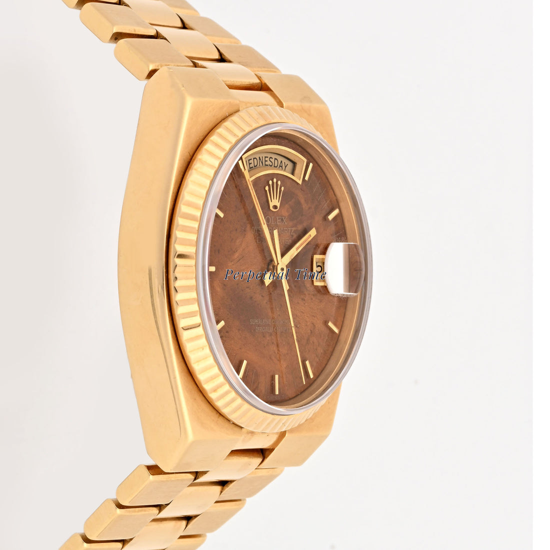 Rolex Day-Date 36mm Oysterquartz Yellow Gold Burlwood Dial 19018