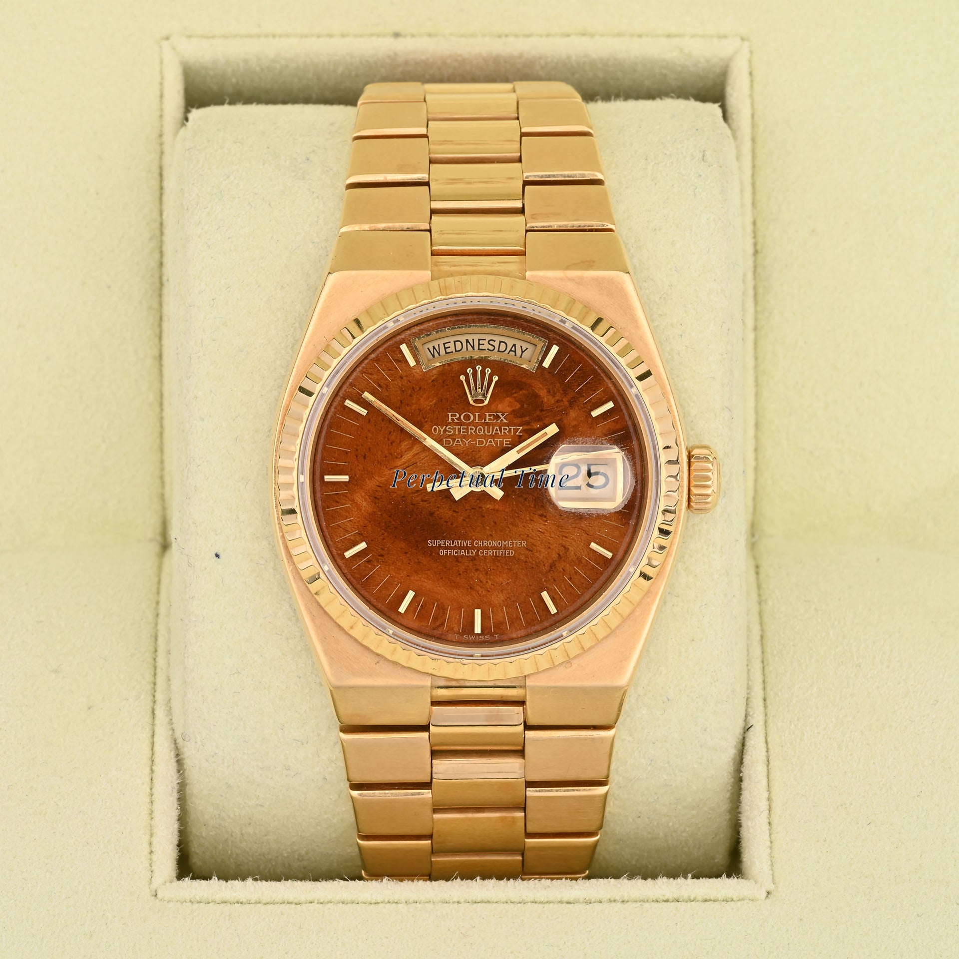 Rolex Day-Date 36mm Oysterquartz Yellow Gold Burlwood Dial 19018