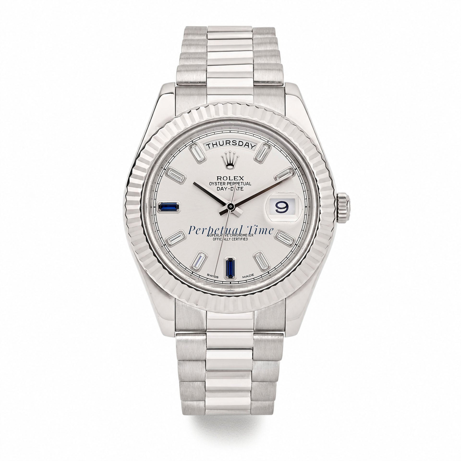 Rolex Day-Date 41mm Silver Diamond & Sapphire Dial 218239 Fluted Bezel President Band