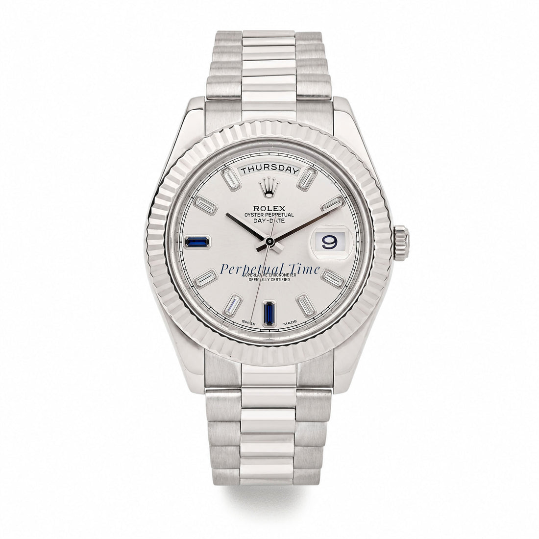 Rolex Day-Date 41mm Silver Diamond & Sapphire Dial 218239 Fluted Bezel President Band