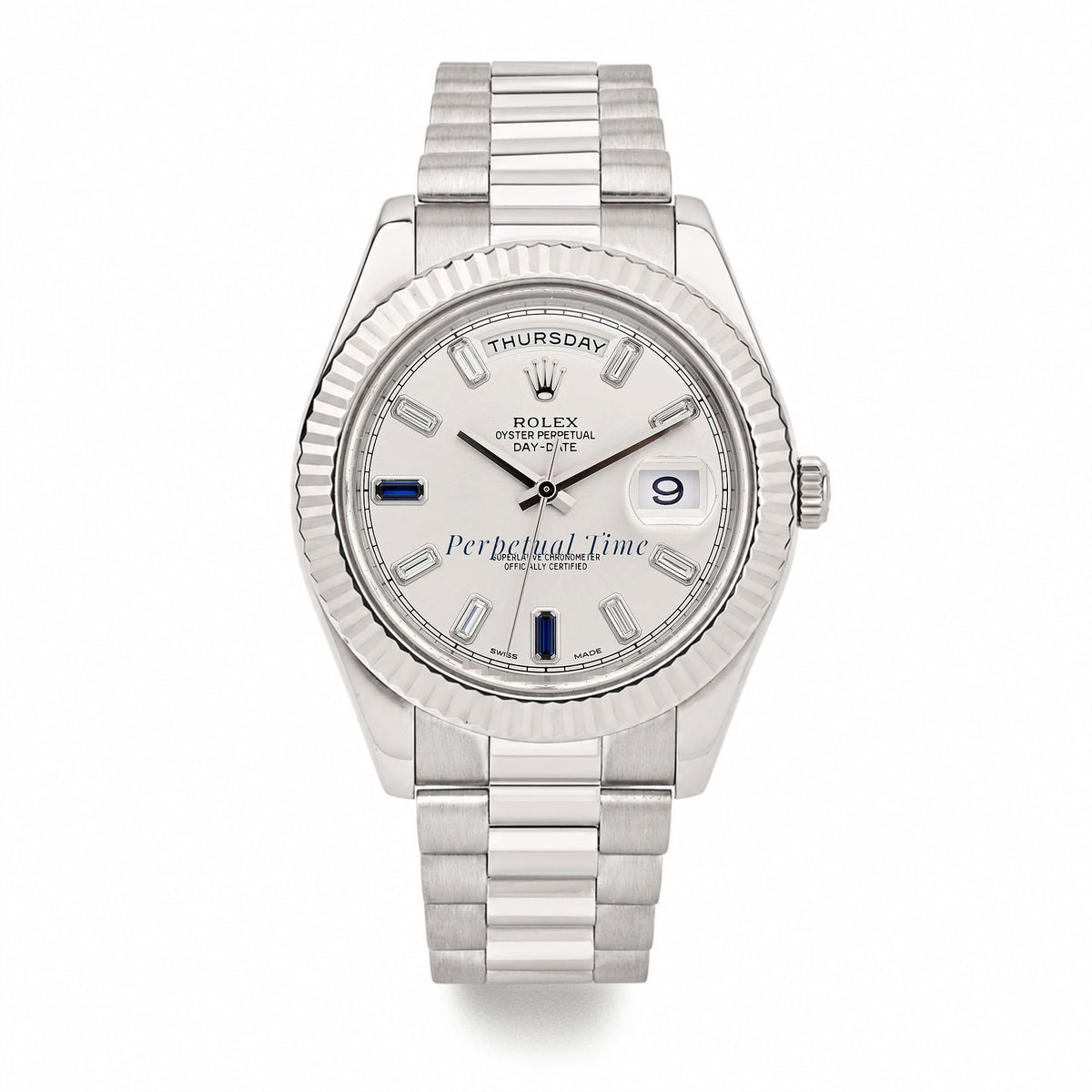 Rolex Day-Date 41mm Silver Diamond & Sapphire Dial 218239 Fluted Bezel President Band