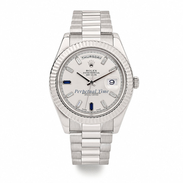 Rolex Day-Date 41mm Silver Diamond & Sapphire Dial 218239 Fluted Bezel President Band